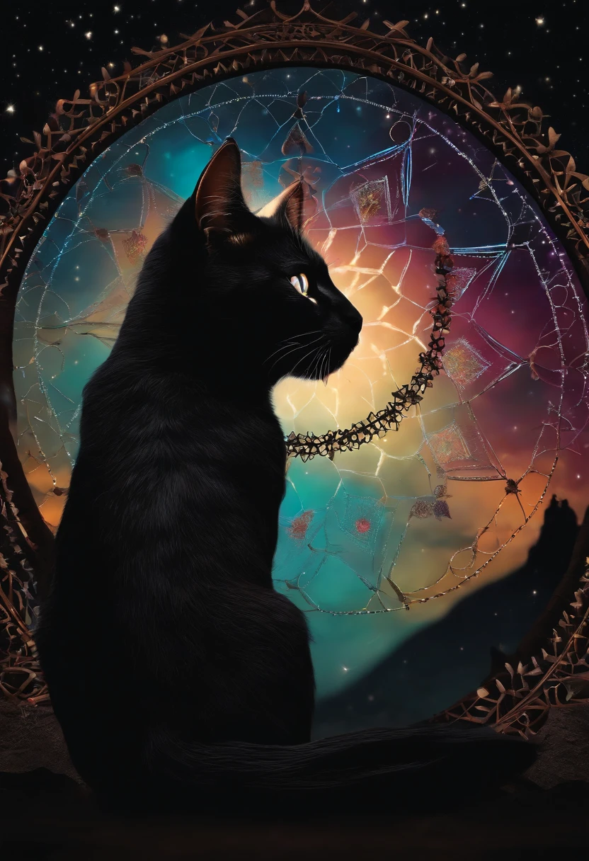 In the circle of dreamcatchers, Silhouette of cat in circle, creciente, y estrellas