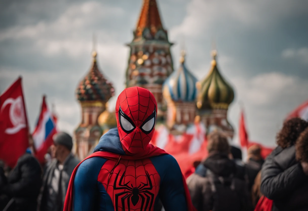 Masked Spider-Man, On Red Square, holding a Kyrgyz flag in a crowd of people, Realistic Flag, Realistic city