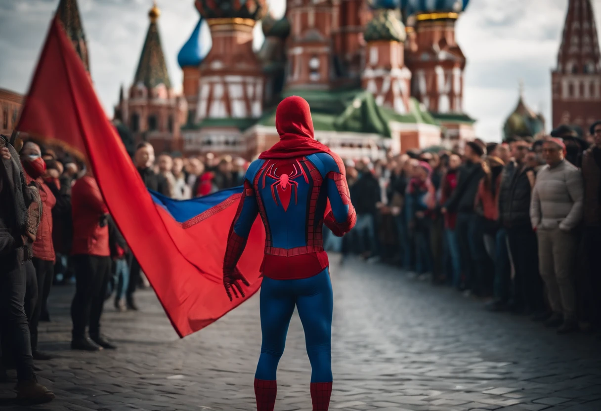 Masked Spider-Man, On Red Square, holding a Kyrgyz flag in a crowd of people, Realistic Flag, Realistic city