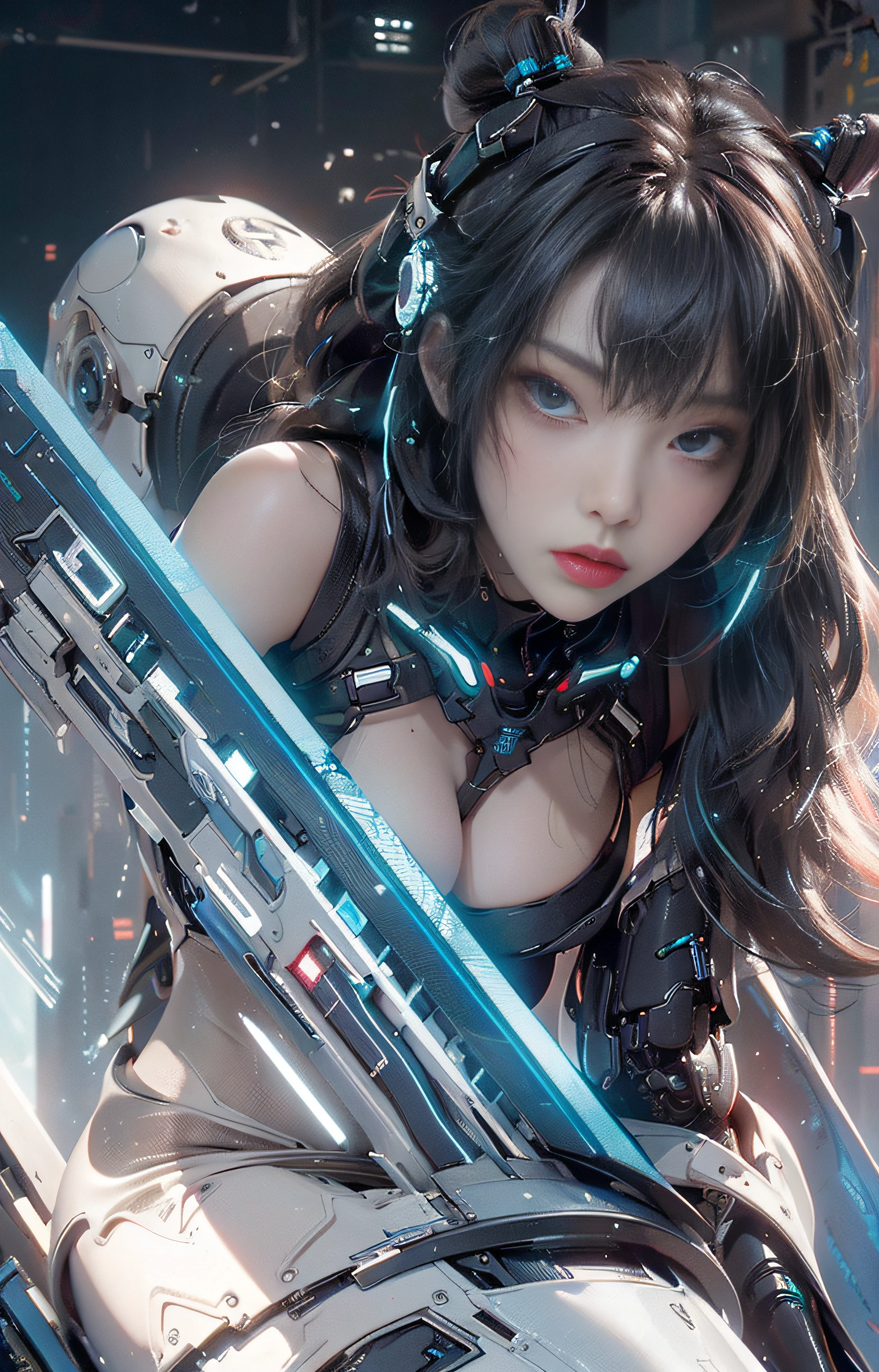 ((best qualtiy)), ((tmasterpiece)), (the detail:1.4), 。.。.。.。.。.。.。.。.。.。.。.。.。.。.。.。.3D, A beautiful cyberpunk female image,hdr(HighDynamicRange),Ray traching,NVIDIA RTX,Hyper-Resolution,Unreal 5,Subsurface scattering、PBR Texture、post-proces、Anisotropy Filtering、depth of fields、maximum definition and sharpness、Many-Layer Textures、Albedo e mapas Speculares、Surface coloring、Accurate simulation of light-material interactions、perfectly proportions、rendering by octane、Two-colored light、largeaperture、Low ISO、White balance、the rule of thirds、8K raw data、Cyberpunk sci-fi style,Black and white dominant color clothing,Blue luminous decoration,Bigchest,Sexy black silk,Smooth thighs,huge tit,Black neck cover,High reflectiveness
