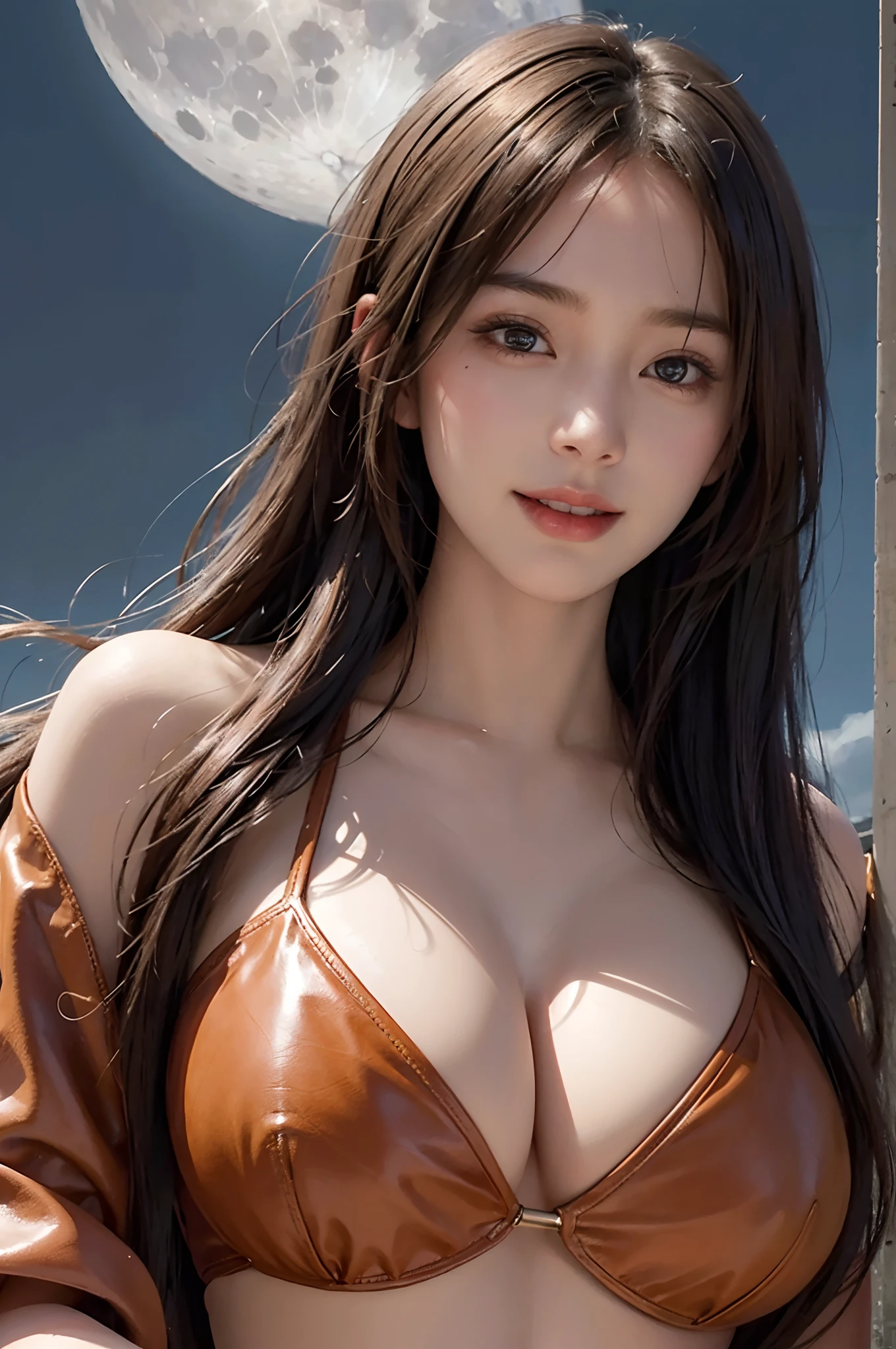(A hyper-realistic), (illustratio), (hight resolution), (8K), (ighly detailed), (The best illustrations), (beatiful detailed eyes), (top-quality), (ultra-detailliert), (​masterpiece), (detailed face), droopy eyes,full of sweat, full body, long hair,inner colored,solo,Girl in simple leather bikini, huge tits, smile, moon light, smiling