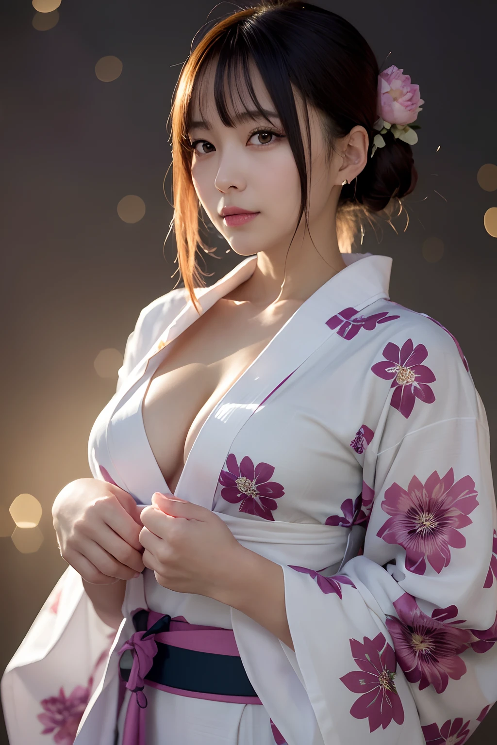 (masutepiece, Best Quality:1.4), ,the most beautiful in the world, 8K, 85 mm, absurderes, (floral pattern yukata:1.4), The upper part of the body, Exposing breasts、 violaceaess, gardeniass, Delicate girl, Solo, Night, Looking at Viewer, Upper body, Film grain, chromatic abberation, Sharp Focus, face lights, Professional Lighting, Sophisticated, (Smile:0.4), cleavage, (Simple background, Bokeh background:1.2),
