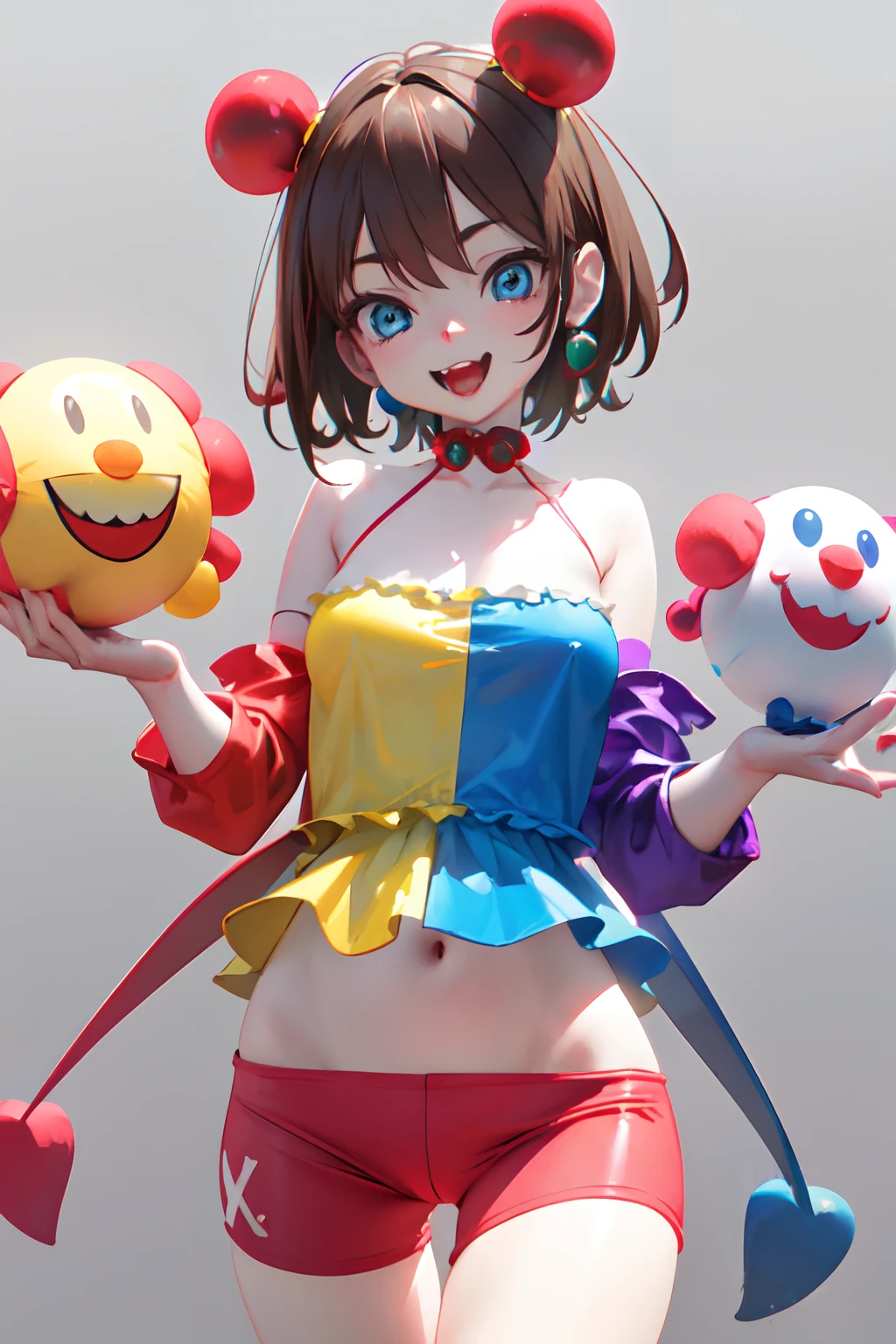 clown girl pomni, brown hair, red and blue eyes, red and blue outfit with round shoulders and thighs, and yellow balls in short, cartoon character of a clown and a red and blue outfit in short, cutecore clowncore, y 2 k cutecore clowncore, jester themed, animation character, clown girl, 3d animated, 3 d animated, jester, toonix character, cartoonish cute, 3d character, 3 d character, medieval jester, highly rendered!!, creepy clown girl