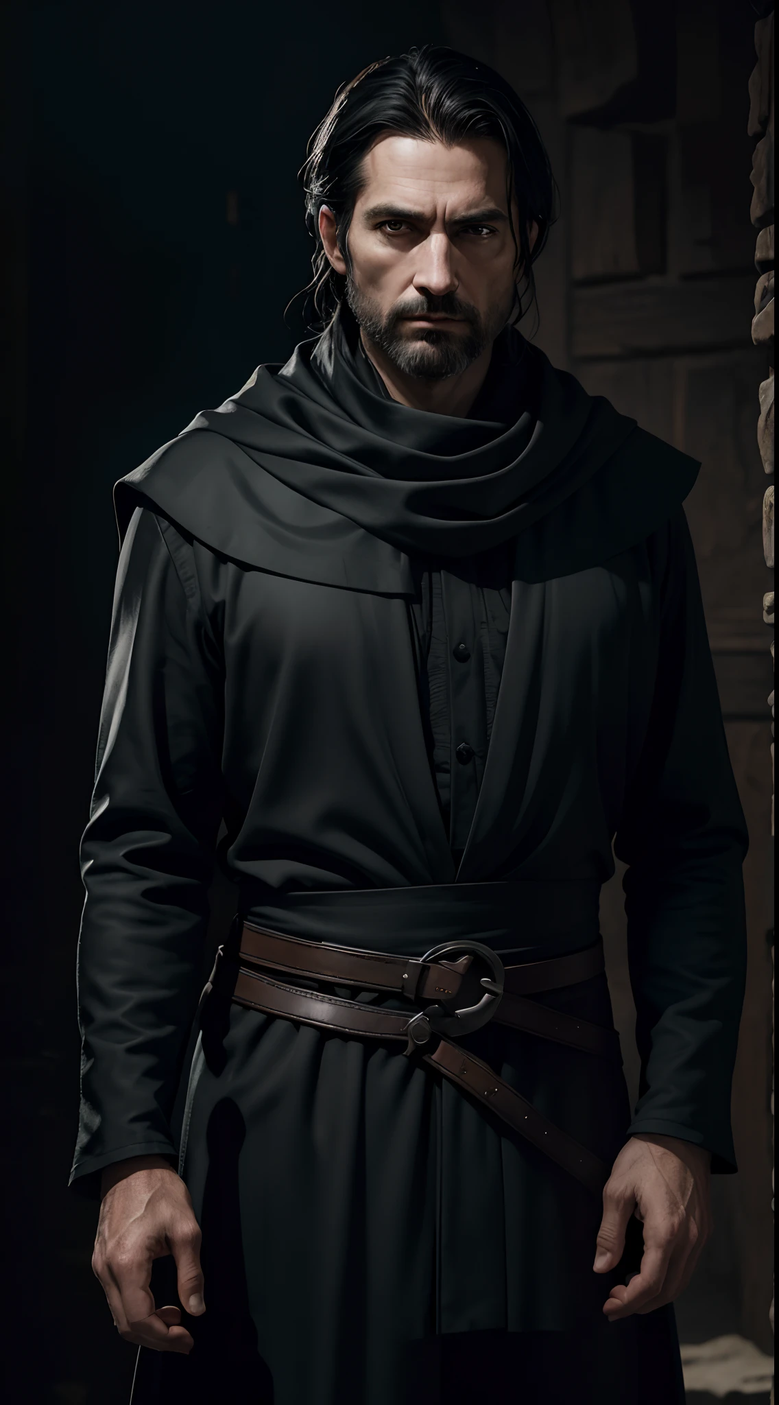 (best quality,4k,highres:1.2),ultra-detailed,(realistic,photorealistic:1.37),full body,40-year-old man,arrogant face,sharp features,slim face,thin face,detailed face,fatigued expression,long black hair with white strands,black medieval clothes,silk scarf,gloved hands,dark and moody lighting,portrait,contrasting colors,subtle shadows,mysterious atmosphere