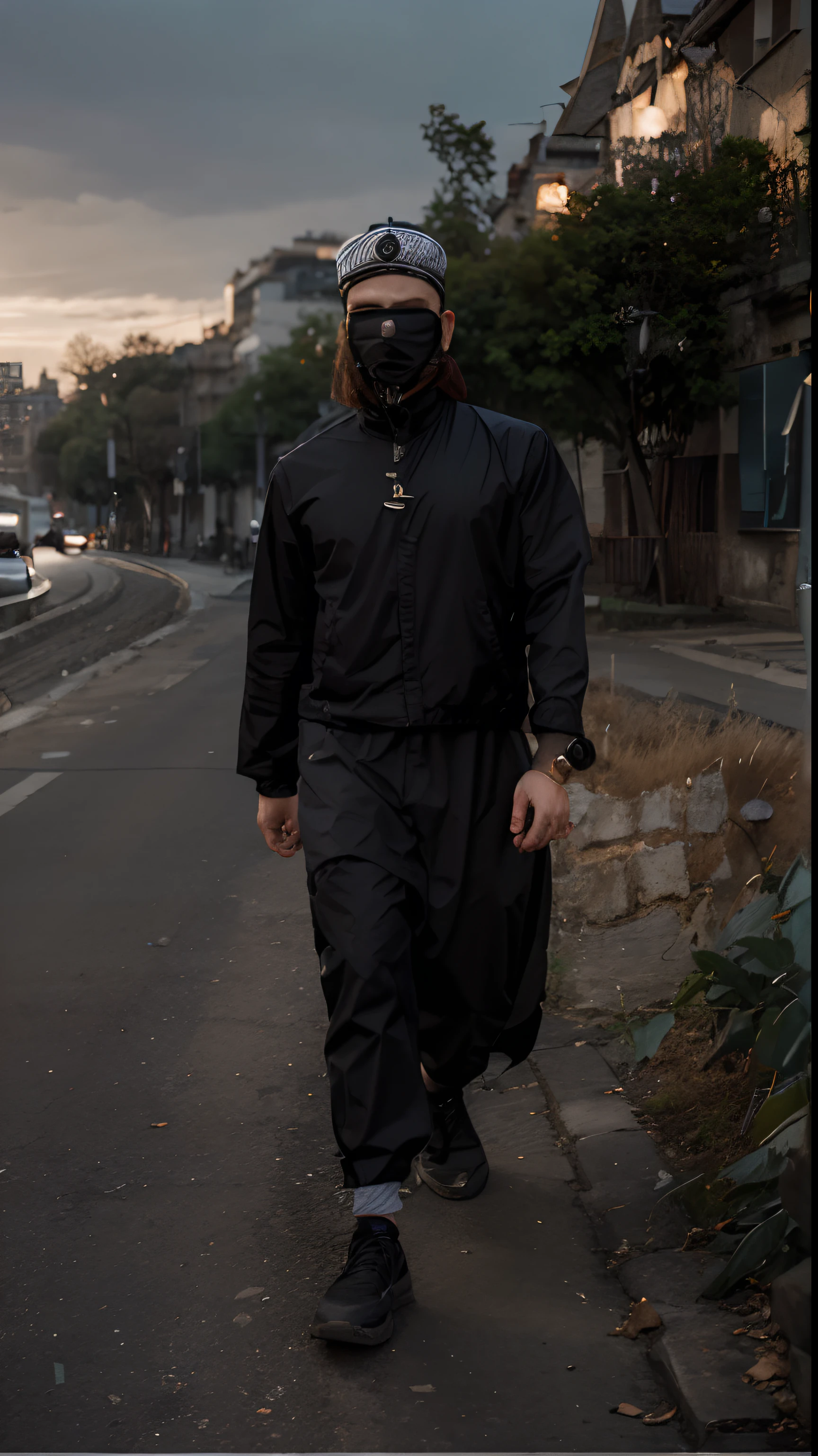 Change the background to masque street,realistic face, ultra 8k, Islamic cap, black jacket,Don't change original face,