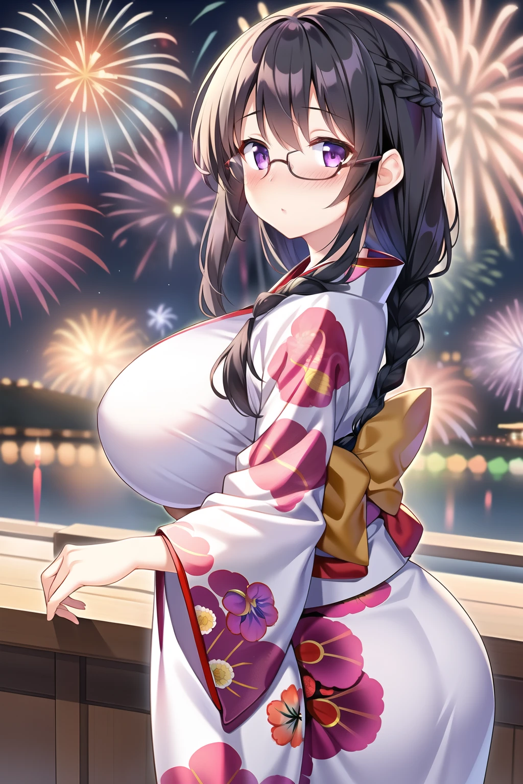 1girl, firework, kimono, japanese clothes, from side, (black hair:1.1), (braid), (glasses), (purple eyes), (large breast), blush, pov, (flustered), (Intricate Iris Details)