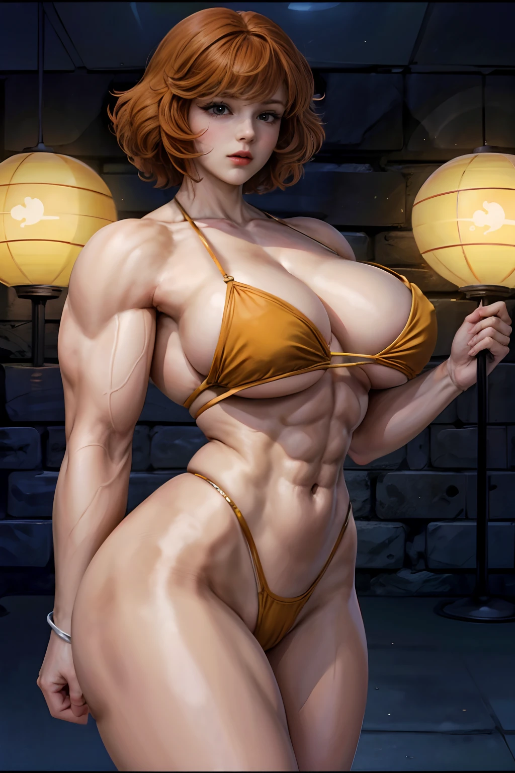 April O'Neill, 1girl, short brown hair, Black Eyes, upper-body, tetas grandes, huge muscles, 1980s \(style of\), 1girl, Very muscular girl, brown hair, orange hair, retro artstyle, Short hair, Yellow thong, , big_pectorals, naked breasts, huge biceps, wide hips, cleavage, night city background