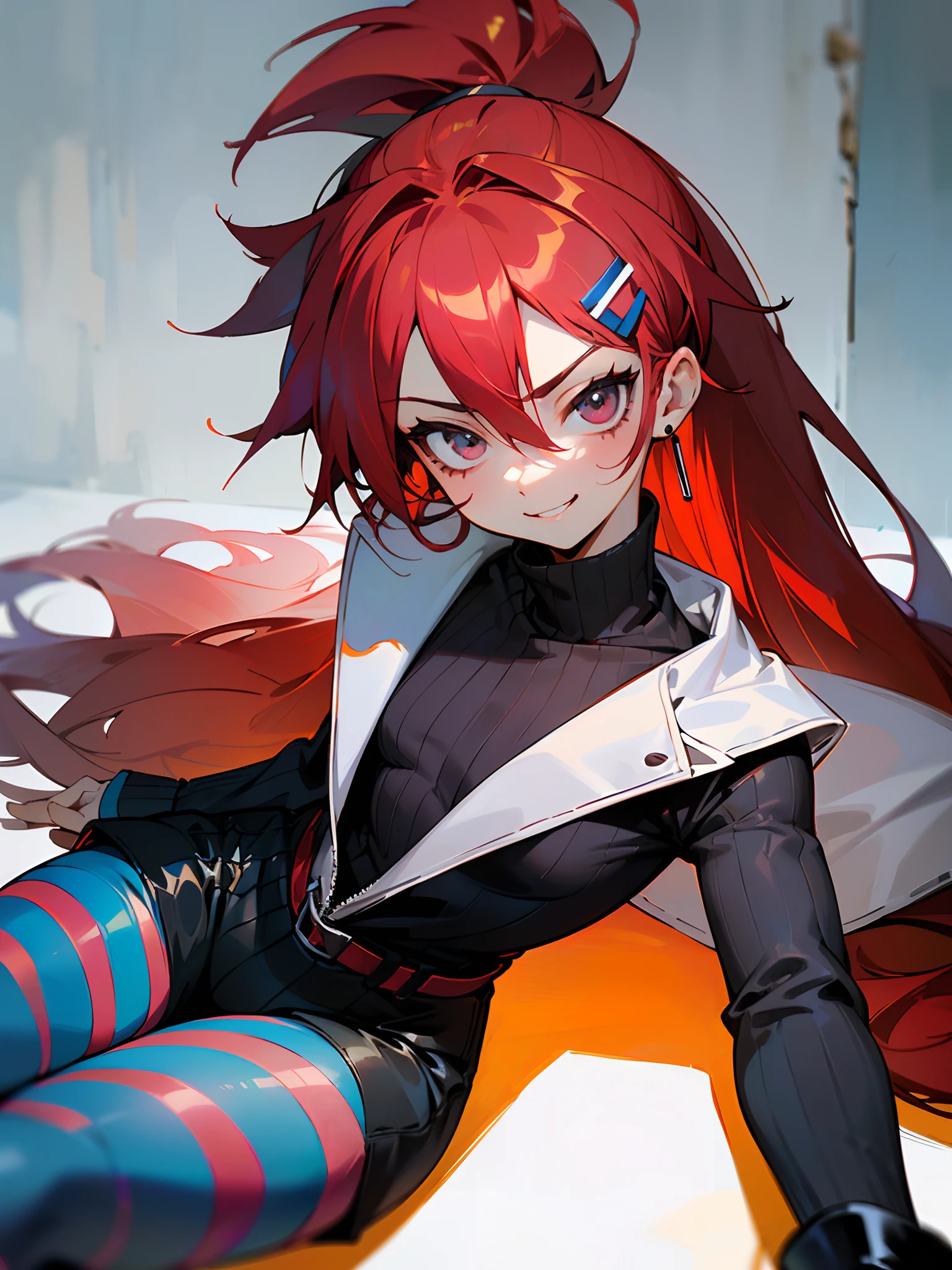 ((thigh-up portrait), 1 (masterpiece, sidelighting, finely detailed black eyes: 1.2), ((best quality)), ((masterpiece)), (highly detailed:1.3), anime, young girl, loli, small chest, childish body, black shirt, turtleneck, open shoulders, ((open coat with oversized long sleeves)), oversized shorts, black shorts, pale skin, (shadowed eyes, darkened eyes), (smug, smirk), (extremely long hair, highlighted red hair, messy hair, ponytail, hair between eyes, hairclips on left side), ((blue stripped tights)), earrings, red tatto on cheek, solo, 1girl, red boots,