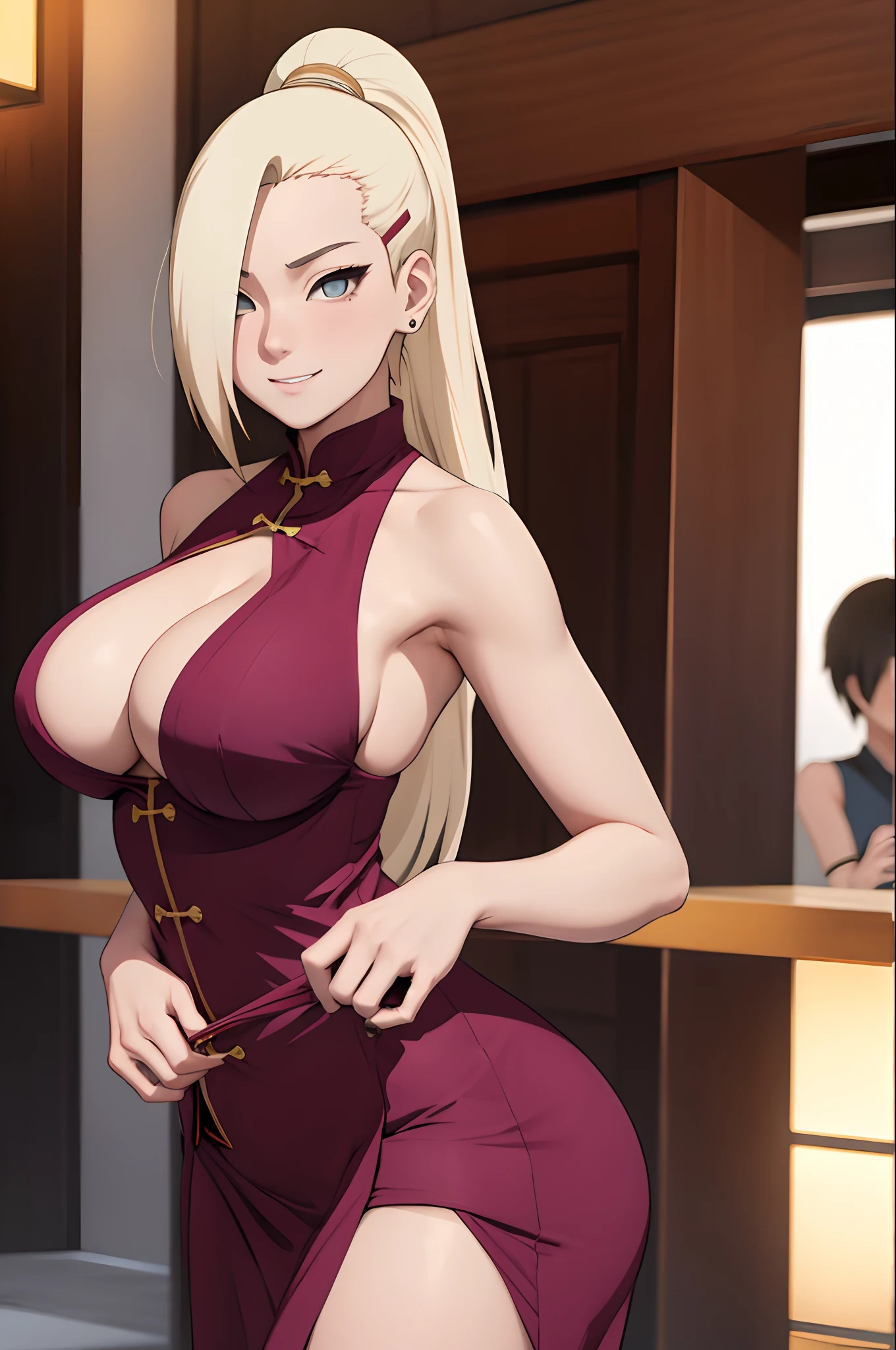 Ino yamanaka，Large breasts，cleavage，ssmile，on cheongsam