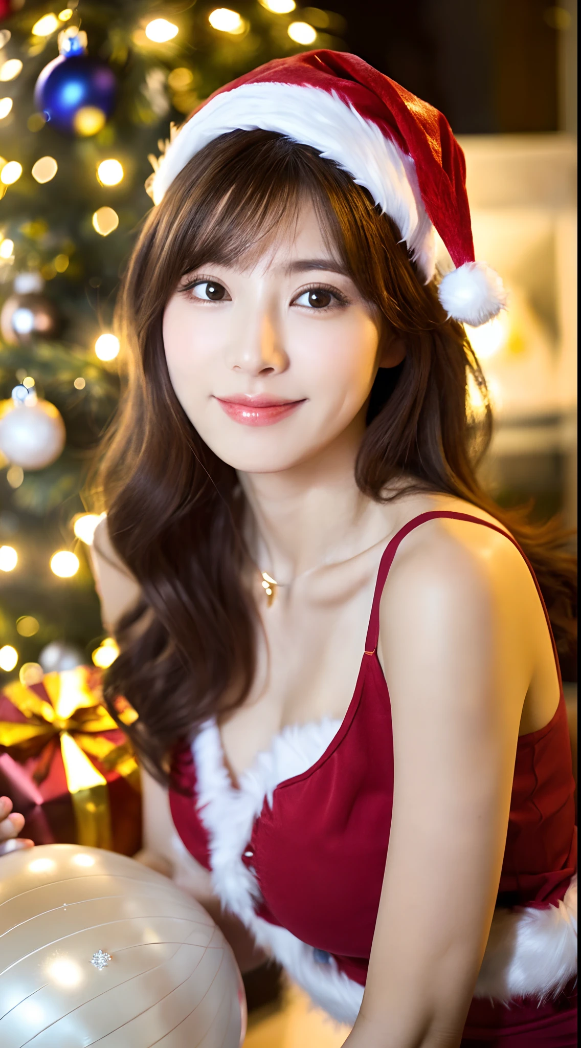 masutepiece, Best Quality, Illustration, Ultra-detailed, finely detail, hight resolution, 8K Wallpaper, Perfect dynamic composition, Beautiful detailed eyes, doress,Medium Hair, mid-chest, Natural Color Lip, Random and sexy poses,Smile,Christmas，20 years girl，Cute,His whole body is wrapped in red cloth,Comes with a large ribbon.,heel,full body Esbian