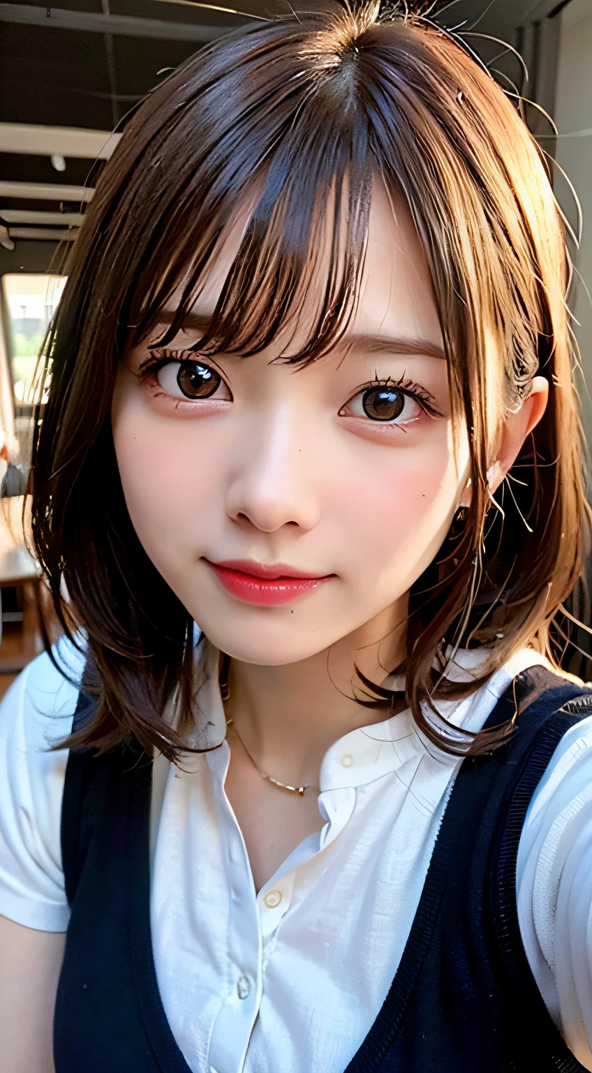 ((Best Quality, 8K, masutepiece)), ultra-detailliert, foco nítido, (1 cute girl), 18year old, Highly detailed facial and skin texture, (Beautiful and detailed eyes、Looks beautiful), (ssmile), (Closed mouth), (Round face), wear a gray jacket、 (front-facing view:1.5)、(length hair)、(warm sunlight)、