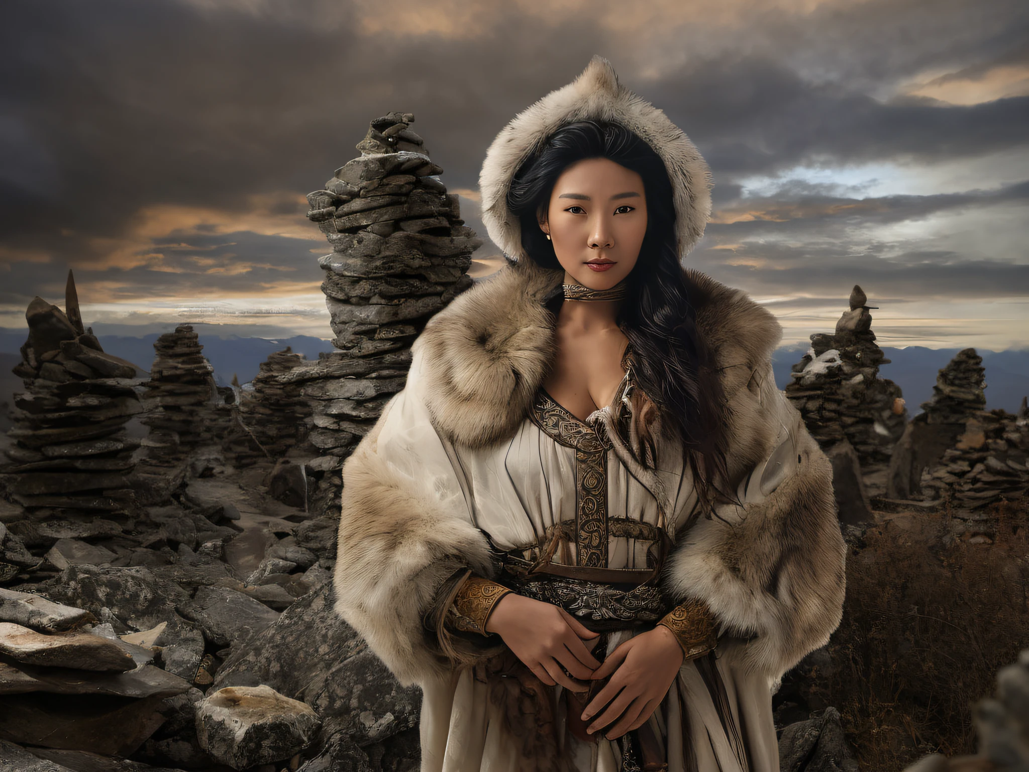 a mongolian woman topless, poses with a long staff, in the style of attention to fur and feathers texture, softbox lighting, style of annie leibovitz, studio portrait, 8k, photo taken with provia --ar 99:128 --v 6