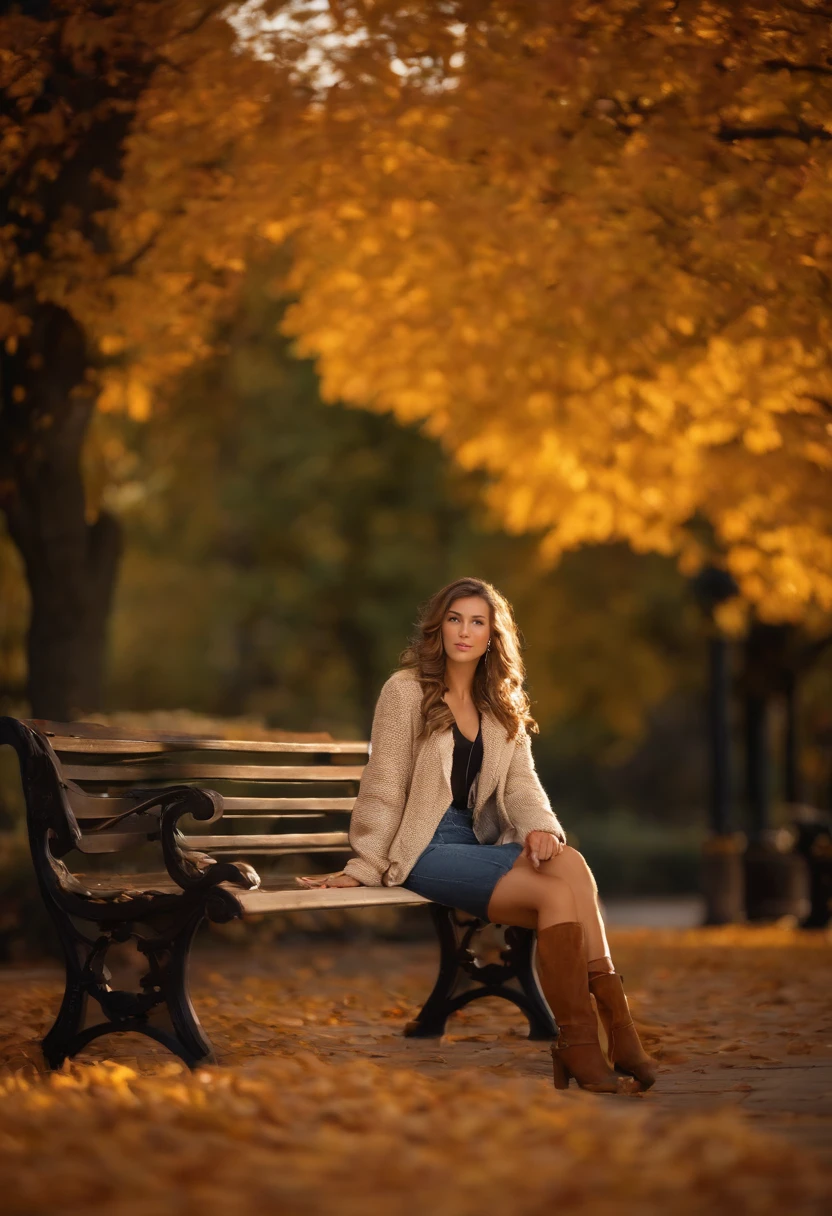 Create a realistic image of a young woman sitting on a park bench in autumn. Use a Hasselblad camera with a 85mm lens at F 1.2 aperture setting to blur the background and isolate the subject. The park should have colorful autumn leaves and trees in the background, with soft sunlight falling on the subject’s face. Use a warm and inviting lighting effect to create a cozy and inviting image. credits to tipseason.com. Use the Midjourney v5 with photorealism mode turned on to capture the woman’s natural beauty and grace.