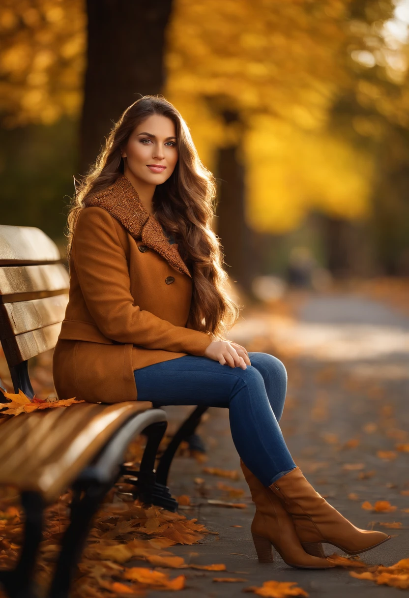 Create a realistic image of a young woman sitting on a park bench in autumn. Use a Hasselblad camera with a 85mm lens at F 1.2 aperture setting to blur the background and isolate the subject. The park should have colorful autumn leaves and trees in the background, with soft sunlight falling on the subject’s face. Use a warm and inviting lighting effect to create a cozy and inviting image. credits to tipseason.com. Use the Midjourney v5 with photorealism mode turned on to capture the woman’s natural beauty and grace.