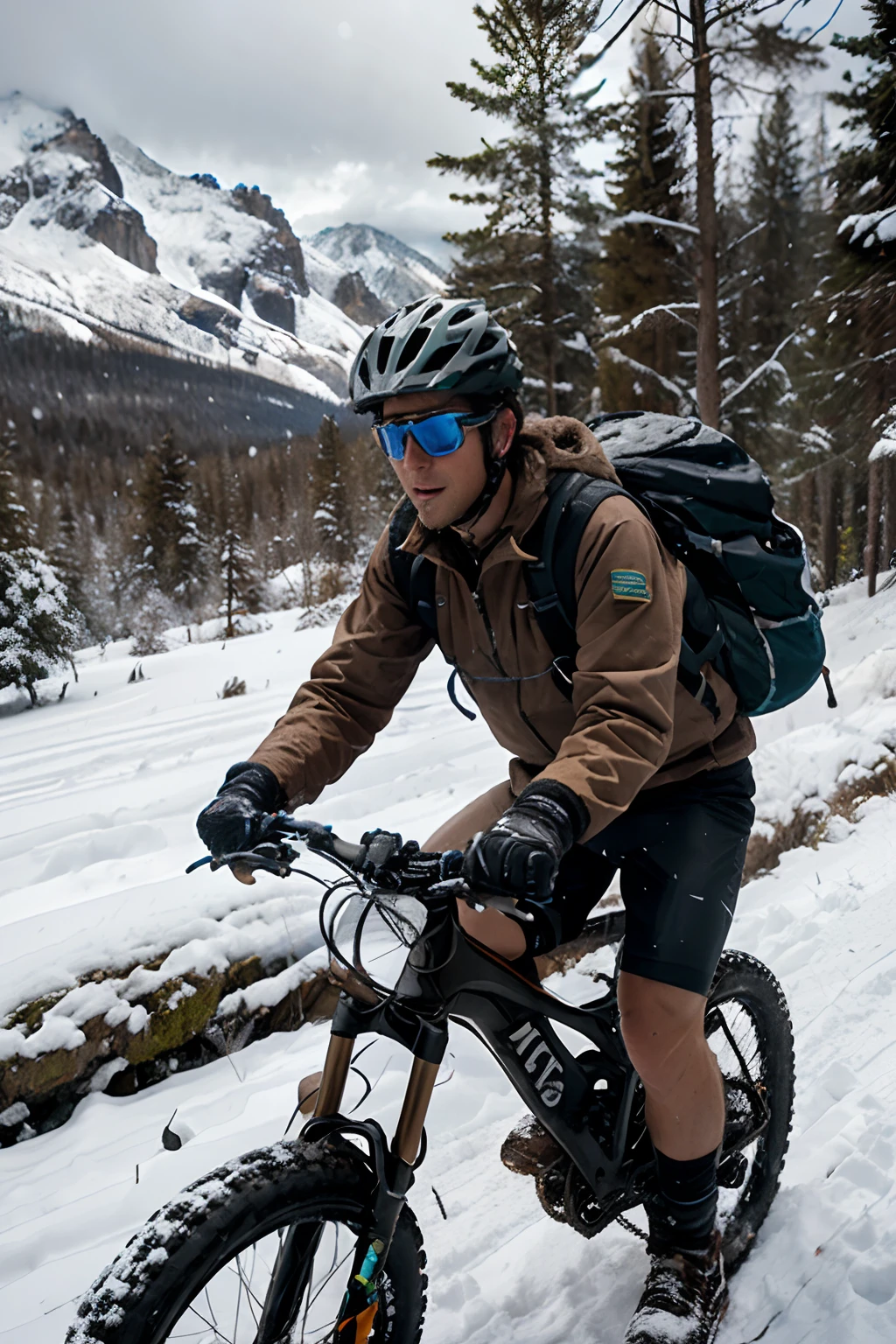 The blizzard rages on the rugged terrain as a brown-haired boy navigates his mountain bike through the dense forest. His helmet and sunglasses protect him as he takes on the challenging trail, with snow-capped mountains in the distance adding to the scene.