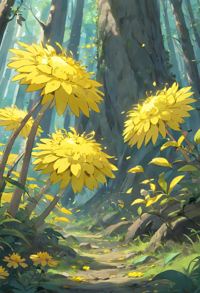 Withered forest,Fallen yellow flowers and leaves,(ln the forest),Close-up,the detail,Gray atmosphere