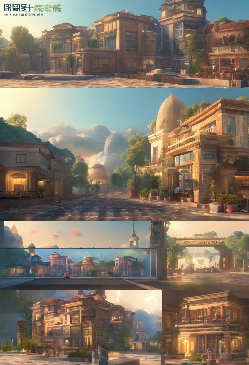 tmasterpiece，Best quality at best，comic strip，..。.3D，Hui-style architecture，Blue bricks and black tiles are gathered on the horse-head wall，Surrounded by streams，sky cities，Background of super cloudy clouds