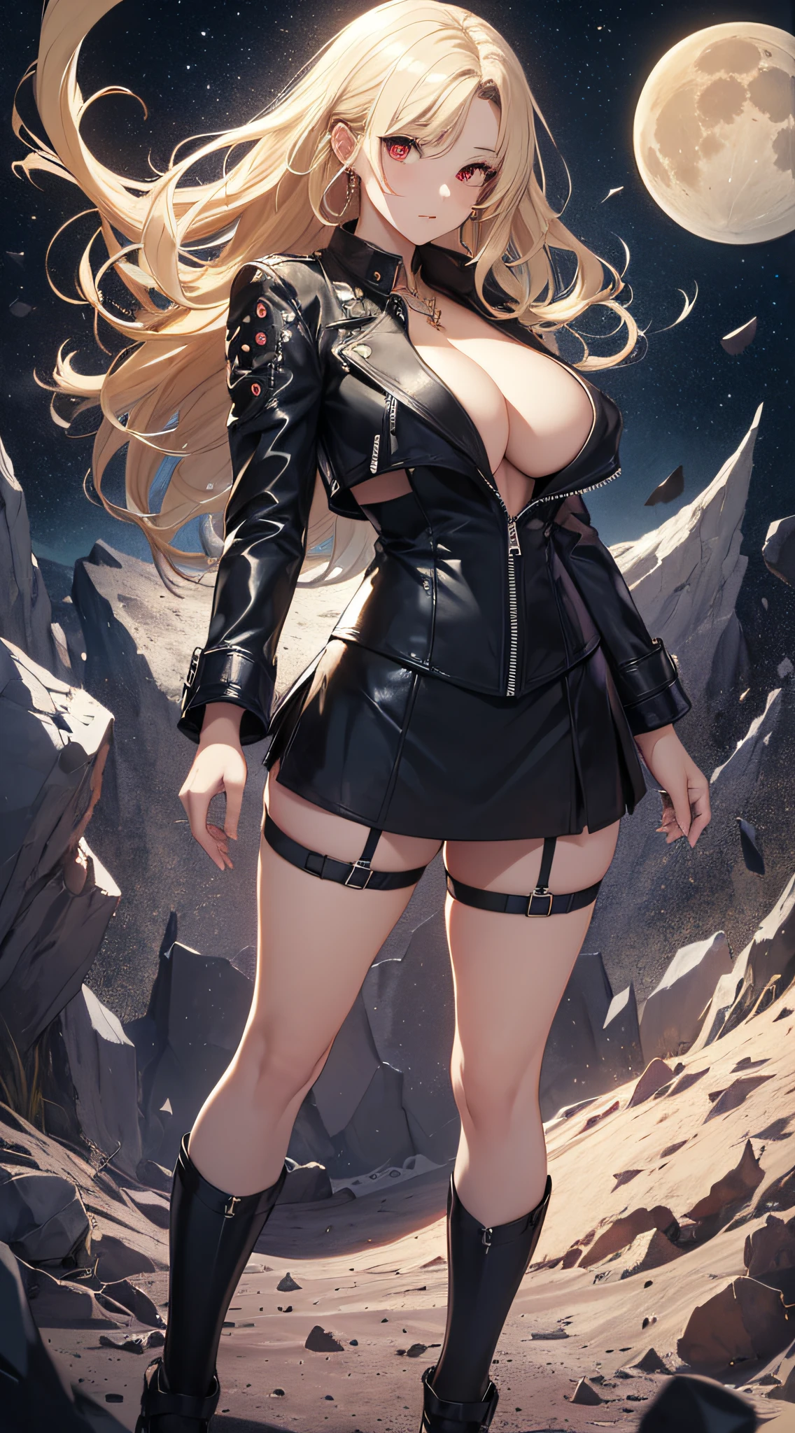 top-quality、Top image quality、​masterpiece、girl with((20yr old、Best Bust、big bast、Bust 85,Red eyes to issue、Breasts wide open,Valley、Blonde long hair、A slender、Large valleys、Slouching posture、Black leather jacket、Blue suit with an open chest、Red short skirt、)）hiquality、Beautiful Art、Background with((Lunar surface)),Depth((cracked earth))masutepiece、visualart、depth of fields、