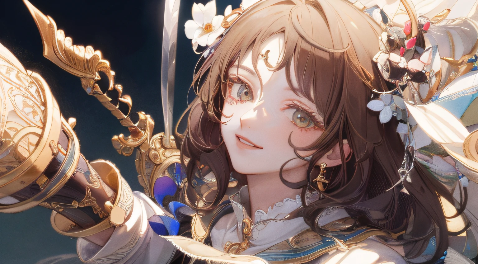 ​masterpiece: 1.7, top-quality、(Highly detailed CG、ultra-detailliert、Best Shadow:1.1)、独奏、Painterly、sketch、Paper texture、swordsmen、Knights、A dark-haired、Brown-eyed、超A high resolution、extra detailed face、flat-colors、extra detailed face、extra detailed face、realisitic、limited pallete、Low contrast、The best lighting、Beautuful Women、lite smile、blanche:1.6、(Zentangle、a Mandala、Tangle、Entangle:1)