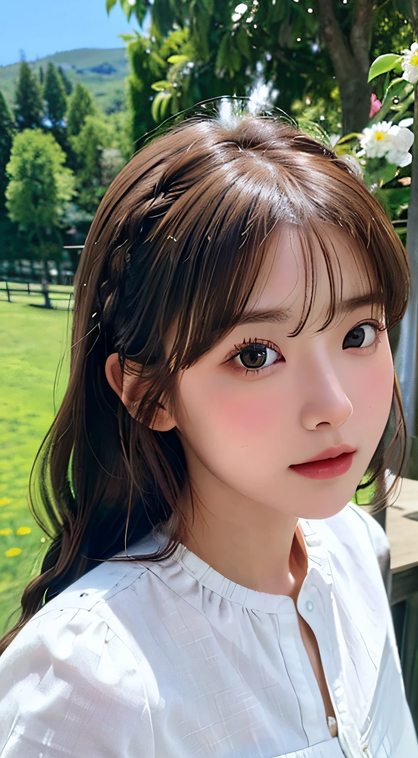 (From the top:1),((1girl in)),Light brown fringed hair、There are small flowers on the head,Braided hair、Light brown eyes、(Dignified Expression)、(White color blouse),No shoulders、White color blouse、((fullnude))、((Emphasize the valley))、grassy fields、blue-sky、(Photorealsitic)、(intricately details:1.2)、(tmasterpiece、:1.3)、(top-quality:1.4)、(超A high resolution:1.2)、超A high resolution、(A detailed eye)、(Detailed facial features)