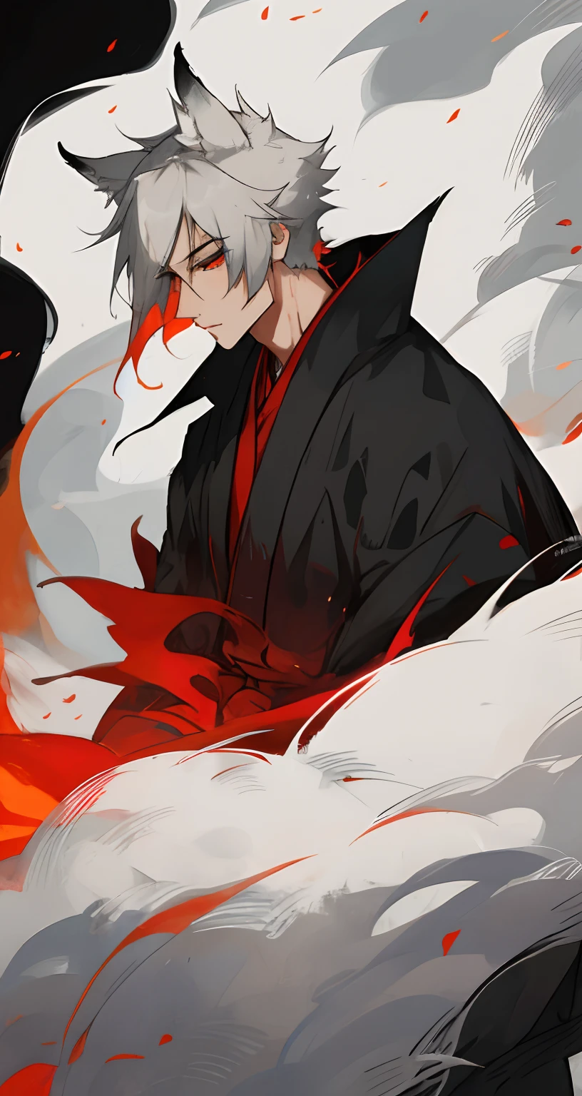 male, Kitsune,Gray-white short hair,Big fox ears,Fluffy tail,Cold and sharp eyes,Long eyelashes,Slim yet strong body, Red traditional japanese eye makeup,Smoke following him, black with red details kimono,bishounen, beautiful man, serious