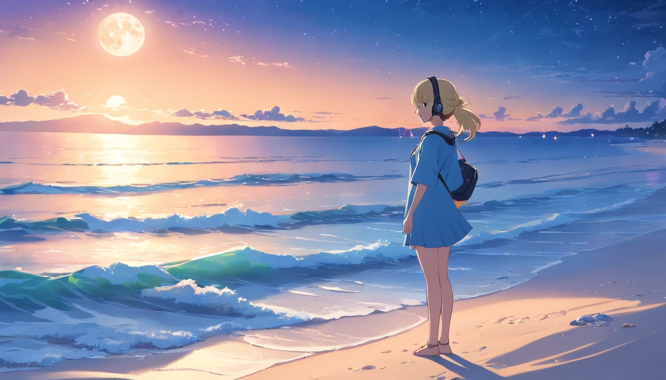 (Masterpiece, Highest Quality, 8K, 16 k, High Quality, Best Quality:1.3, absurderes, high resolucion, digital art, intrikate),High Quality,Pretty blonde, Beautiful blonde, Blue Eyes,1 Girl,(Girl wearing a headset), natta、the moon、seaside,pixiv, Concept Art,beautiful anime scenes, anime scenery, ((Girl standing on the sand listening to music)), ((The sea spreads out at night)), in style of makoto shinkai