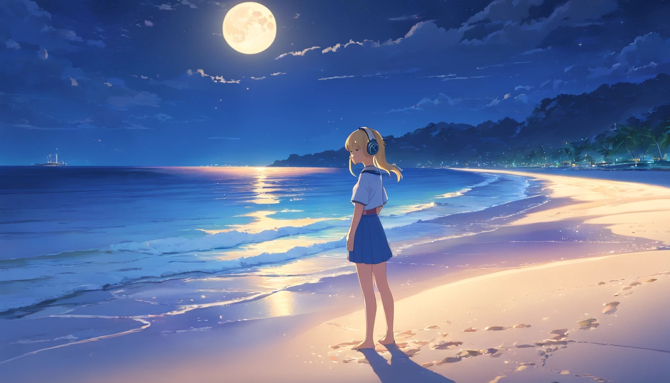(Masterpiece, Highest Quality, 8K, 16 k, High Quality, Best Quality:1.3, absurderes, high resolucion, digital art, intrikate),High Quality,Pretty blonde, Beautiful blonde, Blue Eyes,1 Girl,(Girl wearing a headset), natta、the moon、seaside,pixiv, Concept Art,beautiful anime scenes, anime scenery, ((Girl standing on the sand listening to music)), ((The sea spreads out at night)), in style of makoto shinkai