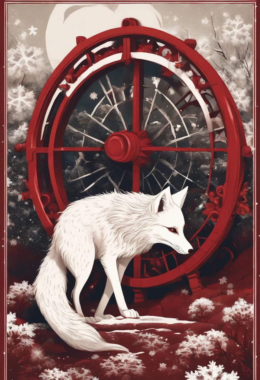 Red tone, A giant wheel illuminates the entire rural area of the Northeast, The village is full of snowflakes, A white fox demon with 9 tails spits out a night pearl, Towards the moon, In the lower right corner, There was a house where there were a few faces peeking inside