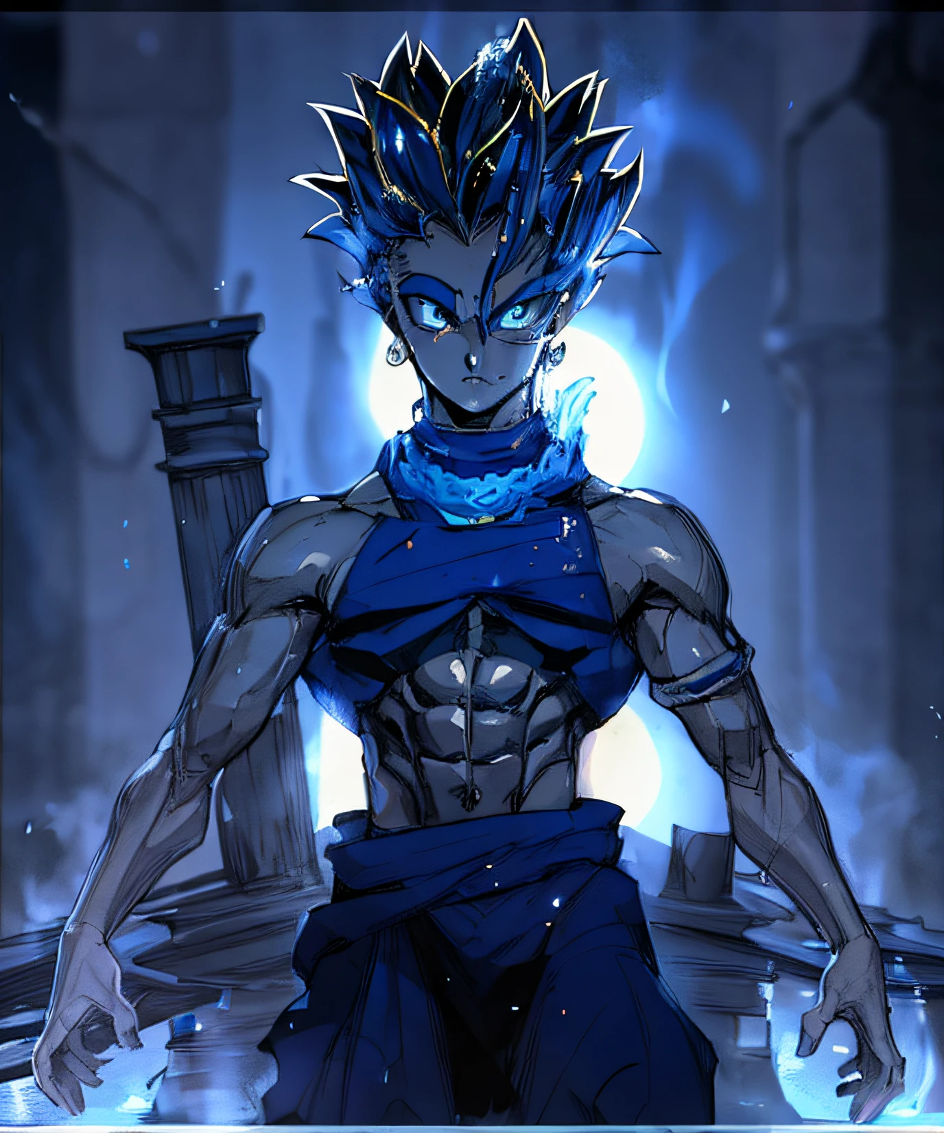 qualidade superior, 8k, 4k,highes definition,um close up de um desenho animado de um homem com uma espada, male djinn man demon hybrid, djinn man male demon, Djinn human hybrid, djinn azul, arte conceitual de dragon ball, com pele azul, pose, super saiyajin azul, personagem de anime; arte de corpo inteiro, eldritch muscular colorido, menacing pose, water demon, pose intimidadora