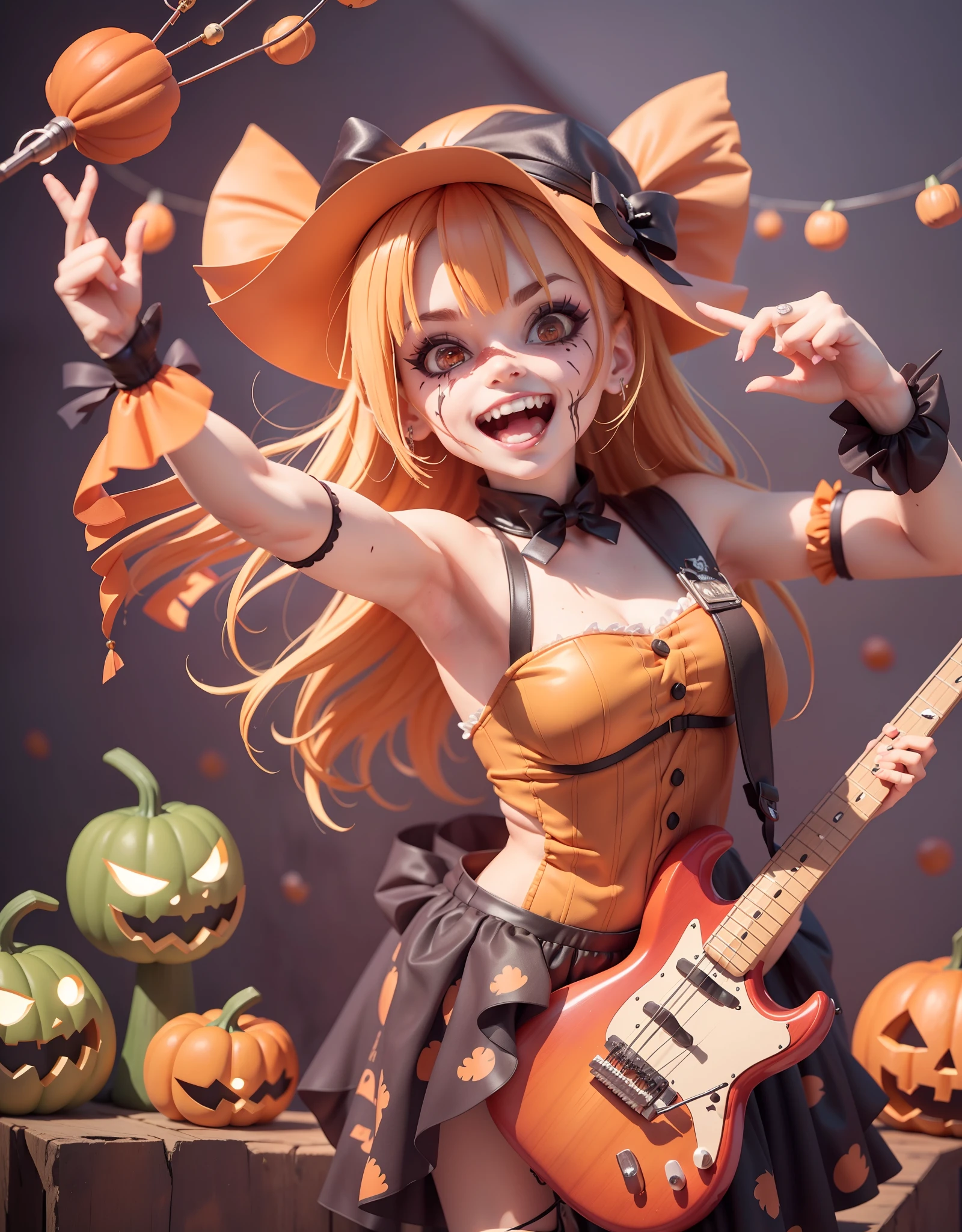 Rock 'n' roll scene,There are drum kits and basses,The lead singer in a pumpkin costume dances in the spotlight!There are a lot of ratings out there
(Dressed in a Southern zombie costume:1.37,)Girls perform on the stage of Halloween celebrations), (Electric guitar:0.8), (Confectionery:0.9), (the bats:1.0) ,Bold poses and passionate performances,Makeup in all sorts of scary images,Performing on stage, Lightweight jack-o'-lantern,, At the scene of the Halloween celebration,People are immersed in a joyful atmosphere. Jack-o-lanterns illuminate dark corners, There were happy smiles on people's faces