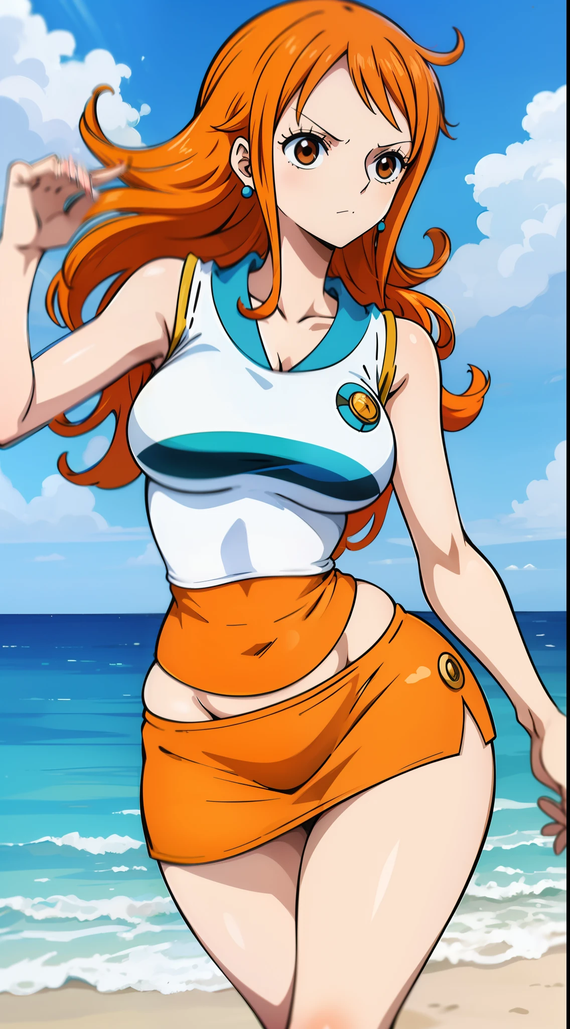 score_9, score_8_up, score_7_up, source_anime, best quality, clear face, Nami, futanari,testicles,big eggs,orange hair, orange eyes, long hair, large breasts, perfect body, standing, looking at viewer, smile, wearing a blue swimsuit and blue swimsuit,blue swimsuit, dynamic angle,outside, wet clothes,blushing,embrassed,see though clothes,big boob, view from below