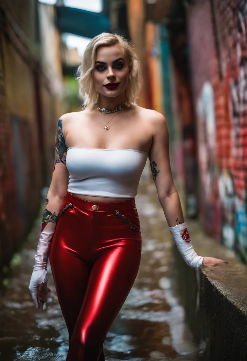 Harley Quinn portant un culotte transparente, wet , Posing in a graffiti alley, Harley Quinn, de Harley Quinn, Harley Quinn debout, Photo du film Harley Quinn, Photo de film Harley Quinn, Margot Robbie: Harley Quinn, Portrait de Harley Quinn, Reine Harley, Cyberpunk Streetwear, incarnant Harley Quinn,  incarnant Harley Quinn, Cosplay sur Harley Queen , SEINS NUES , poitrine petite ,  Vue dynamique, Fuji Film , Regard sexy ,Thick white liquid on the breasts , thick white liquid on the face