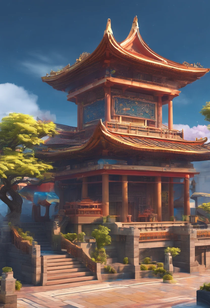 tmasterpiece，Best quality at best，photorealestic，Hui-style architecture，Blue bricks and black tiles are gathered on the horse-head wall，Surrounded by streams，sky cities，Background of super cloudy clouds，Pan Honghai style