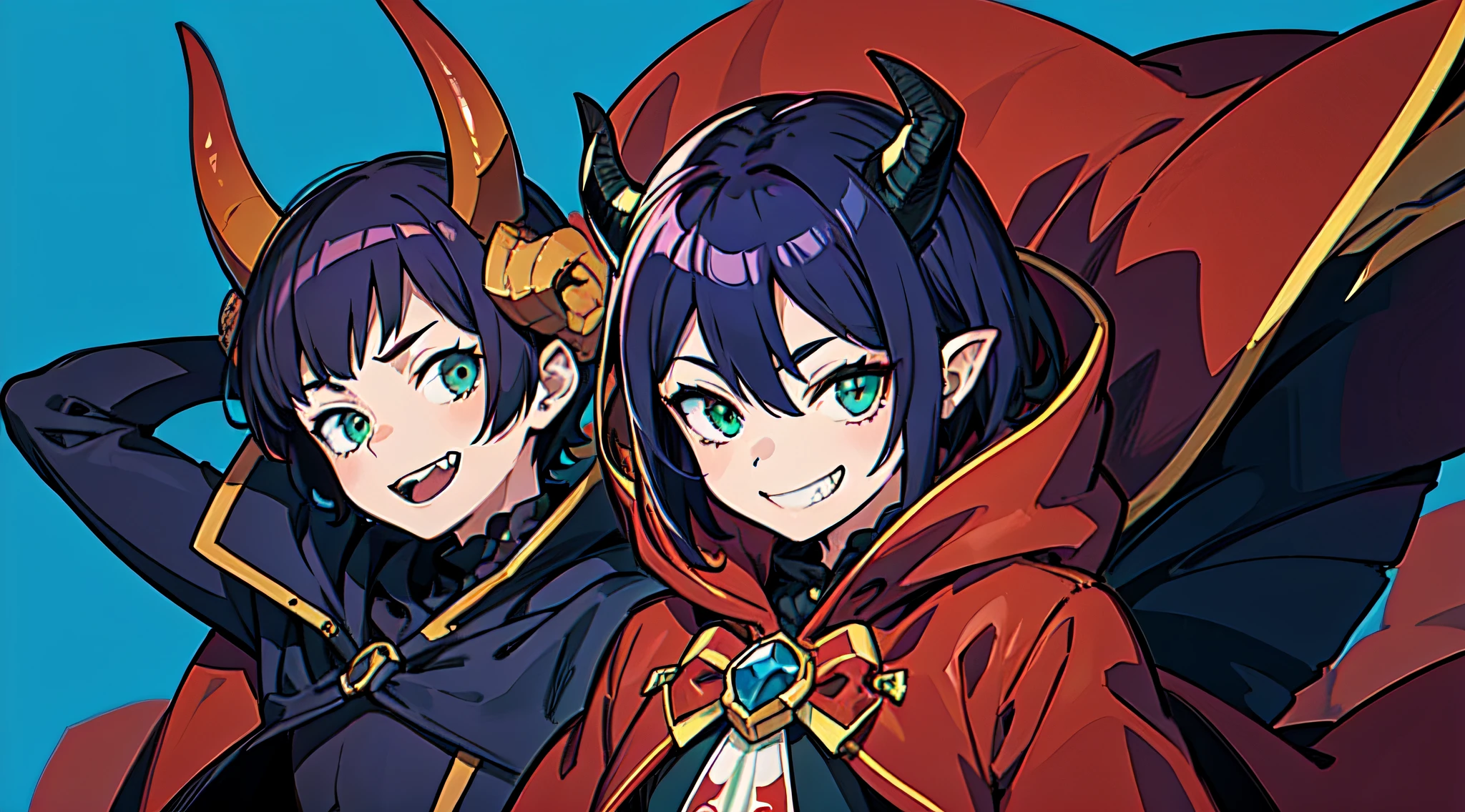 top-quality、masterpiece、((Deformed))、Boy with short purple hair、Green eyes、demonic horns、A smile、red cloak、Composition that reflects the whole body、Game Distribution、Thumbnail image、Blue background