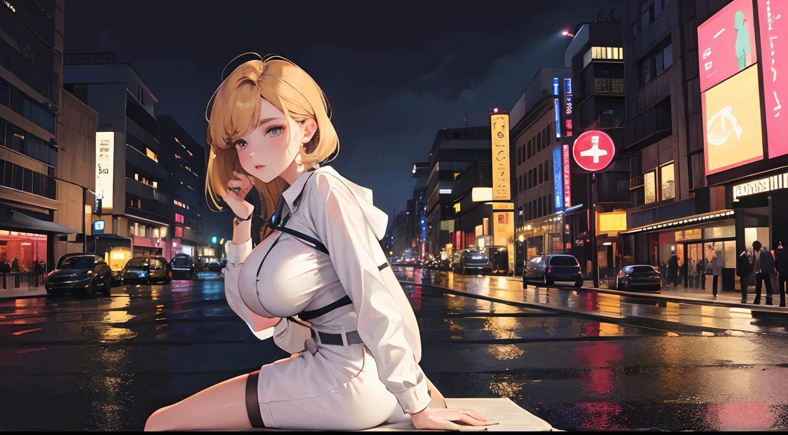 Street at night, girls, mature woman, Big breasts, Pretty face, Get in good shape, Big buttocks, Woman sitting on the street, natta, Detail, Lo-Fi, 2.5d, OfficeLook, facial expression, Absorbed in work, Background with, office, Street, heads, black, heads, yellow, dawn, rainy night, a pretty woman