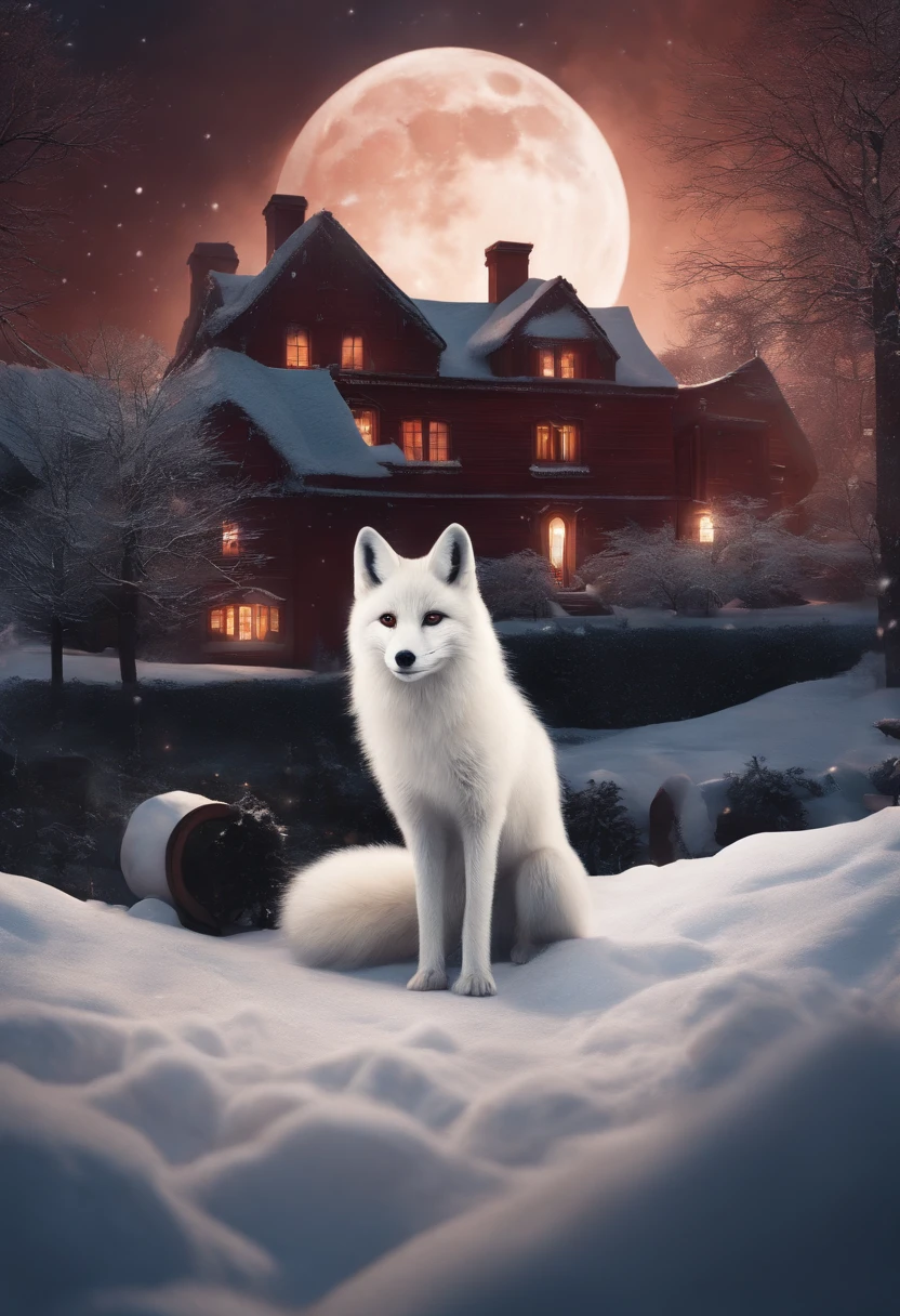 Red tone, A giant wheel illuminates the entire rural area of the Northeast, The village is full of snowflakes, A white fox demon with 9 tails spits out a night pearl, Towards the moon, In the lower right corner, There was a house where there were a few faces peeking inside, Surrealism, projected inset, UHD, super detail