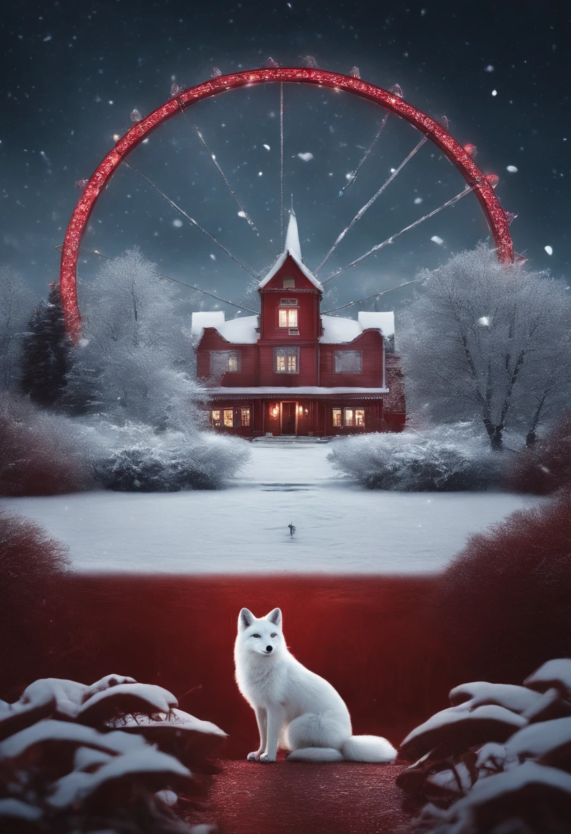 Red tone, A giant wheel illuminates the entire rural area of the Northeast, The village is full of snowflakes, A white fox demon with 9 tails spits out a night pearl, Towards the moon, In the lower right corner, There was a house where there were a few faces peeking inside, Surrealism, projected inset, UHD, super detail