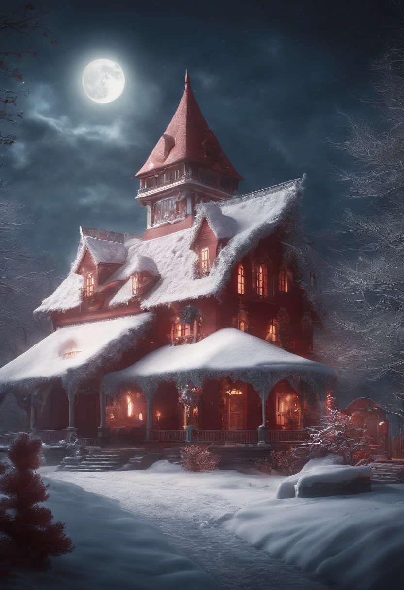 Red tone, A giant wheel illuminates the entire rural area of the Northeast, The village is full of snowflakes, A white fox demon with 9 tails spits out a night pearl, Towards the moon, In the lower right corner, There was a house where there were a few faces peeking inside, Surrealism, projected inset, UHD, super detail