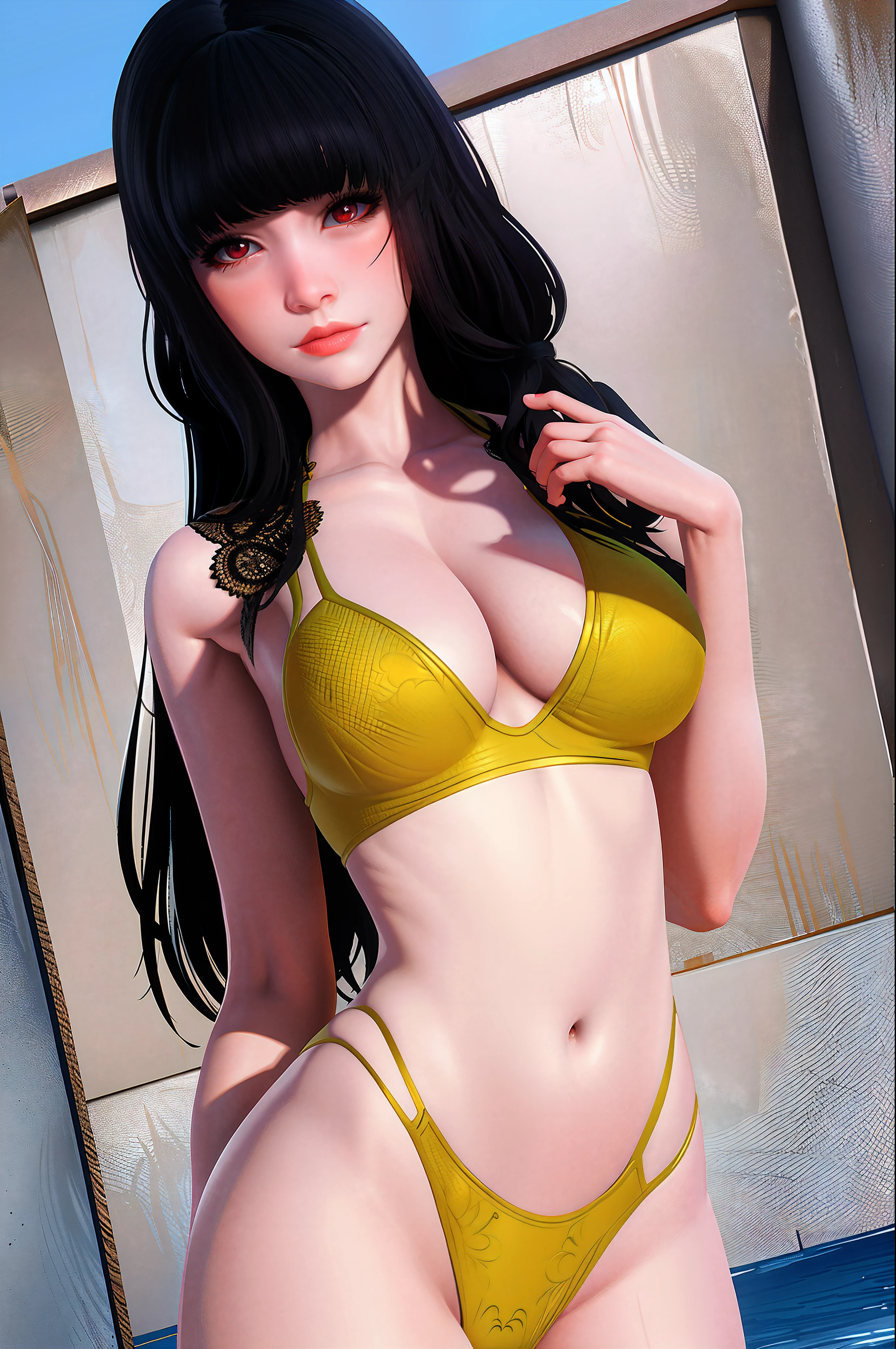 masterpiece, (ultra-detailed background, delicate pattern, intricate detailed), (high-detail, fine details), bestquality, beautiful light, 1girls, bara, moon, Black Hair, lips, Red Eyes, long-haired, blunt bangs, gag, Red lips, ((slim girl, mediuml breasts)), Bikini, swimsuit, Yellow bikini, outside, natural, pool, Intricate detail background, blue sky, (cowboy shot),