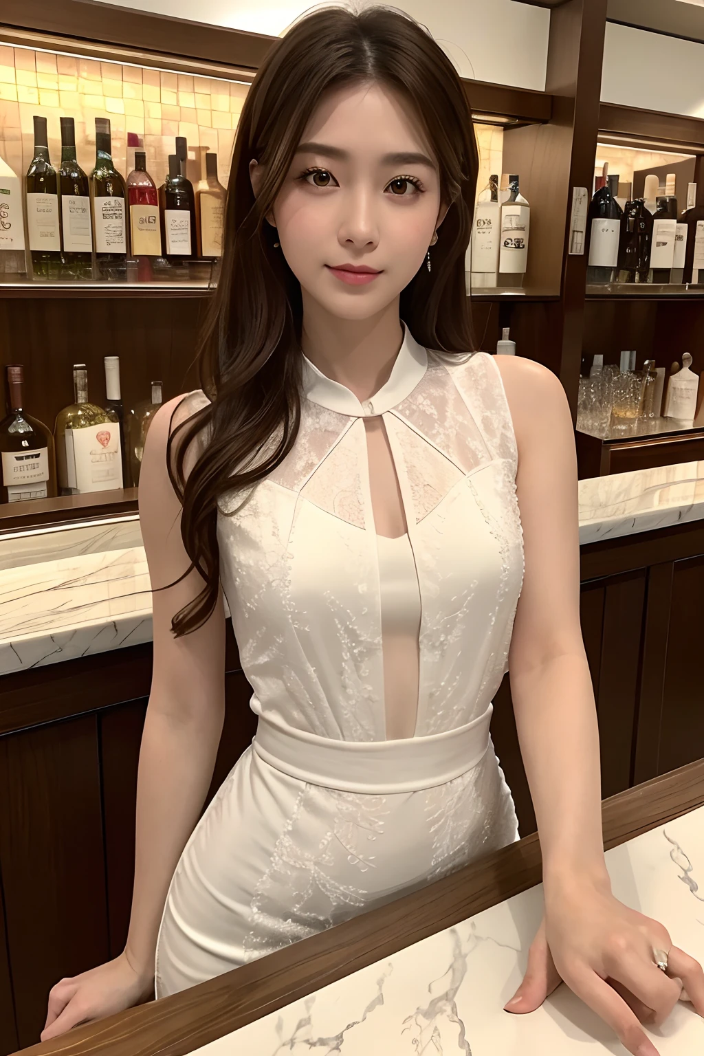 8k, masterpiece, RAW photo, best quality, detail:1.2),photorealistic, extremely detailed CG unity 8k wallpaper, Depth of field, Cinematic Light, Lens Flare, Ray tracing, (extremely beautiful face, beautiful lips, beautiful eyes), intricate detail face, ((ultra detailed skin)) 1girl, in the dark, deep shadow, pretty girl, (very slim slender fit-muscled body:1.3), ((looking at viewer)),(big smile), (tight mini dress), (shot sleeve) , (city night, (neon sign), dim lights, rooftop, veranda, (night), pretty girl, earrings, bracelets, necklace, pantyhose, clear eyes, (pale skin), face forward, (big eyes), ((upper body shot)), tight-fitting dress, laced dress, (see through dress), very slim, slander, updo hair, red color dress, tight mini skirt, sofa, chair, big windows, laced stockings, wine on the table, sitting on chair, crossing legs
