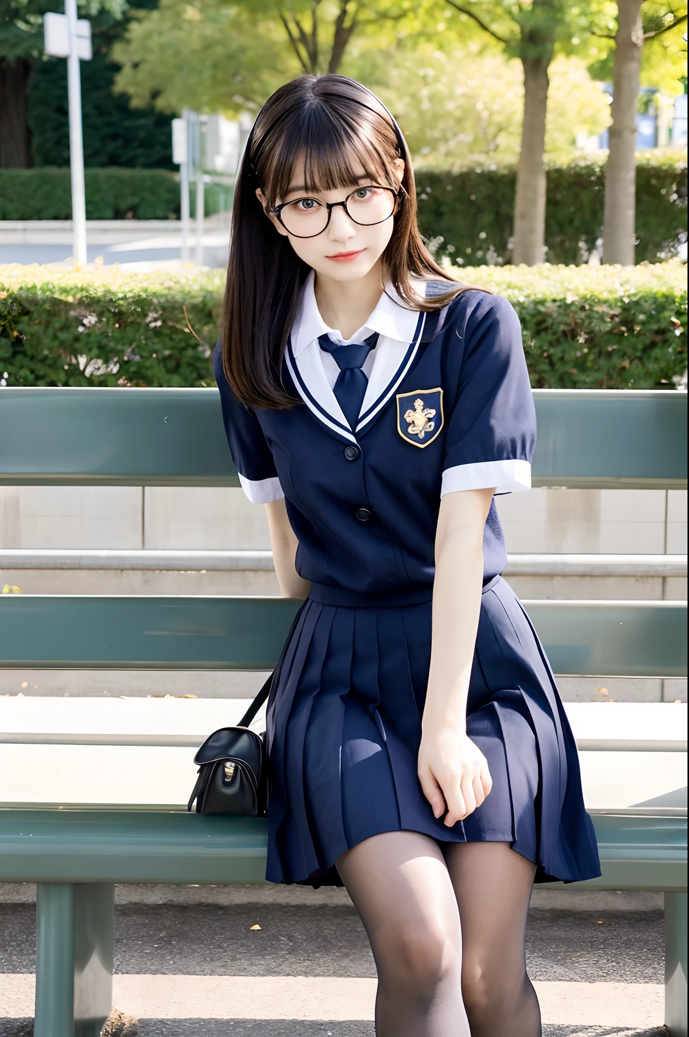 Classy elite woman sitting on a park bench, wearing japanese school uniform, Wear ultra-realistic pantyhose、japanese girl school uniform, Japan school uniform, wearing headmistress uniform, Young Pretty Gravure Idol, photograph taken in 2 0 2 0, dressed as schoolgirl, mayuri shiina, Wearing glasses、Wearing school uniform, Wearing a strict business suit, Young skinny gravure idol, Seifuku