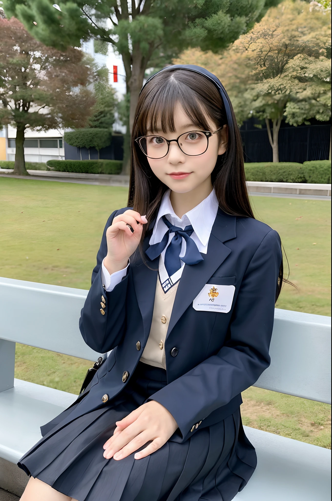 Classy elite woman sitting on a park bench, wearing japanese school uniform, Wear ultra-realistic pantyhose、japanese girl school uniform, Japan school uniform, wearing headmistress uniform, Young Pretty Gravure Idol, photograph taken in 2 0 2 0, dressed as schoolgirl, mayuri shiina, Wearing glasses、Wearing school uniform, Wearing a strict business suit, Young skinny gravure idol, Seifuku