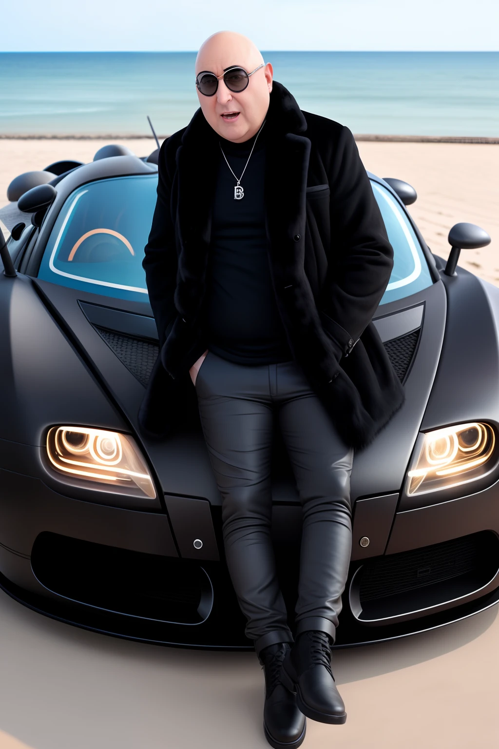 Gru from despicable me dressed in furs slav squating in front of a Bugatti at the beach