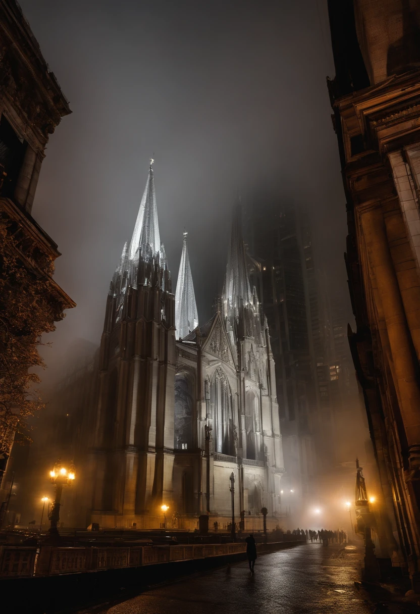 photo-realistic high-contrast, ultra wide angle perspective distortion, foggy, dark, moody, surreal, cathedral in city at night, surrounded by towering skyscrapers,