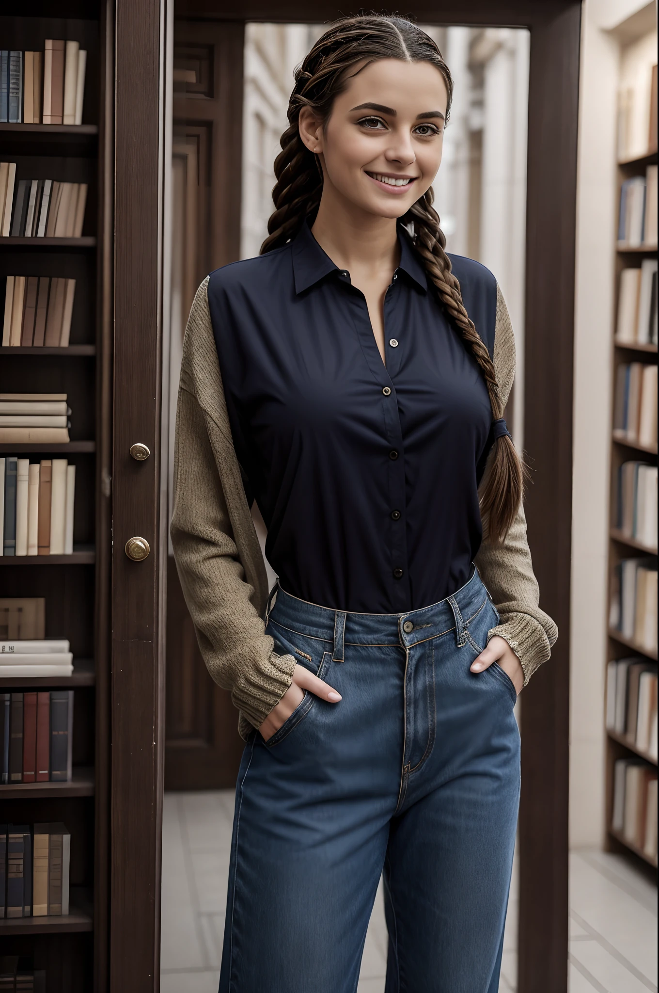 Gorgeous 25 year old brunette European woman with braided hair, She's a bookstore explorer, She wears street clothes, une veste, une chemise, et un pantalon. Elle est souriante, flirting with camera, End of Day Light, Plan at scale, lighting cinematic, ne pas montrer ses seins, Her breasts are hidden in a shirt. She is dressed. blurred background