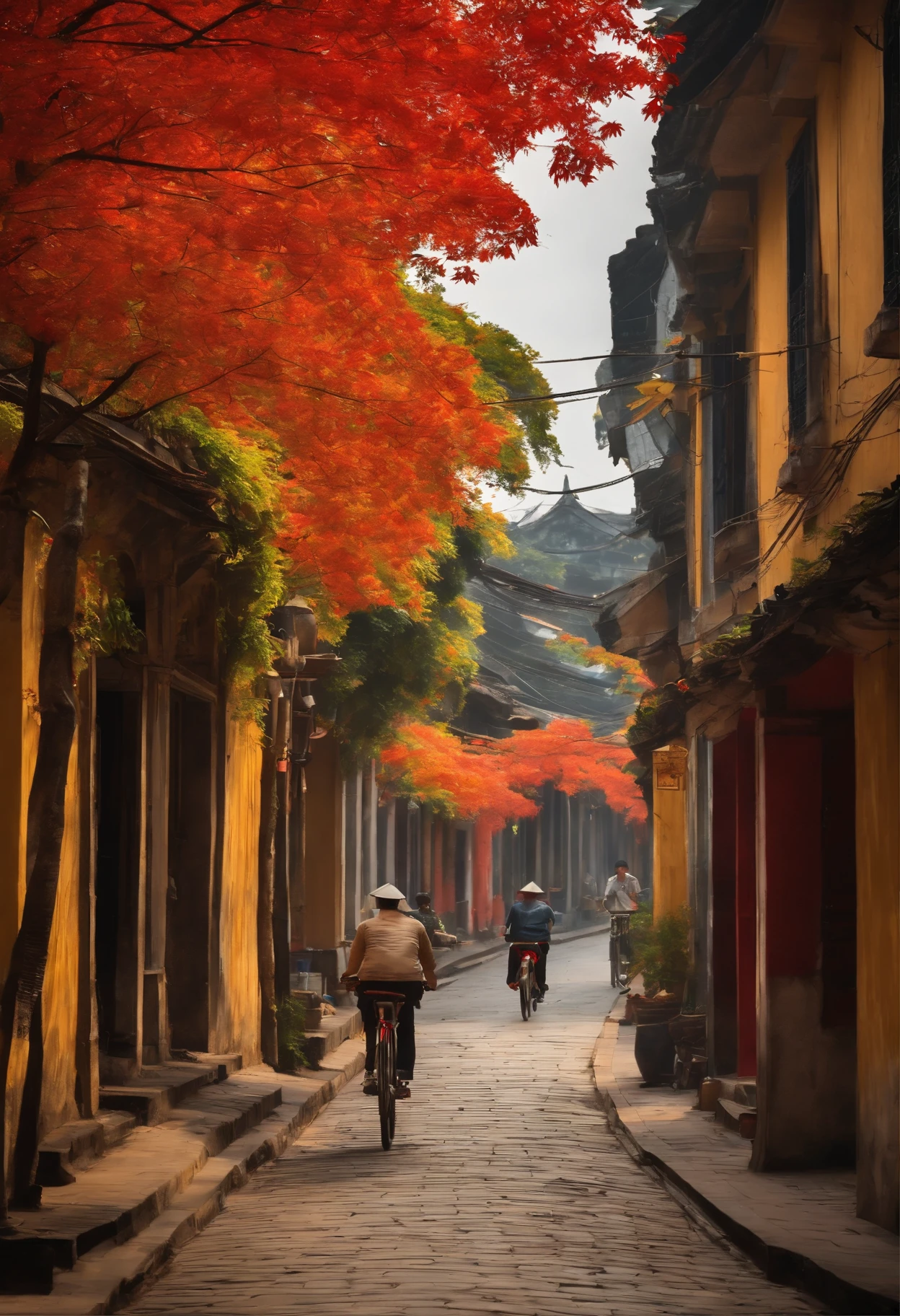 Please depict an old quarter street in Hanoi, with traditional houses and narrow alleys. Rows of maple trees are planted along the street, creating vibrant fields of red maple trees. The maple trees have bright red, yellow, and orange leaves, adding a vivid touch to the scenery. You can include details such as people strolling along the street or vintage bicycles passing by. Create a warm and peaceful autumn scene that showcases the beauty of Hanoi’s old quarter.
