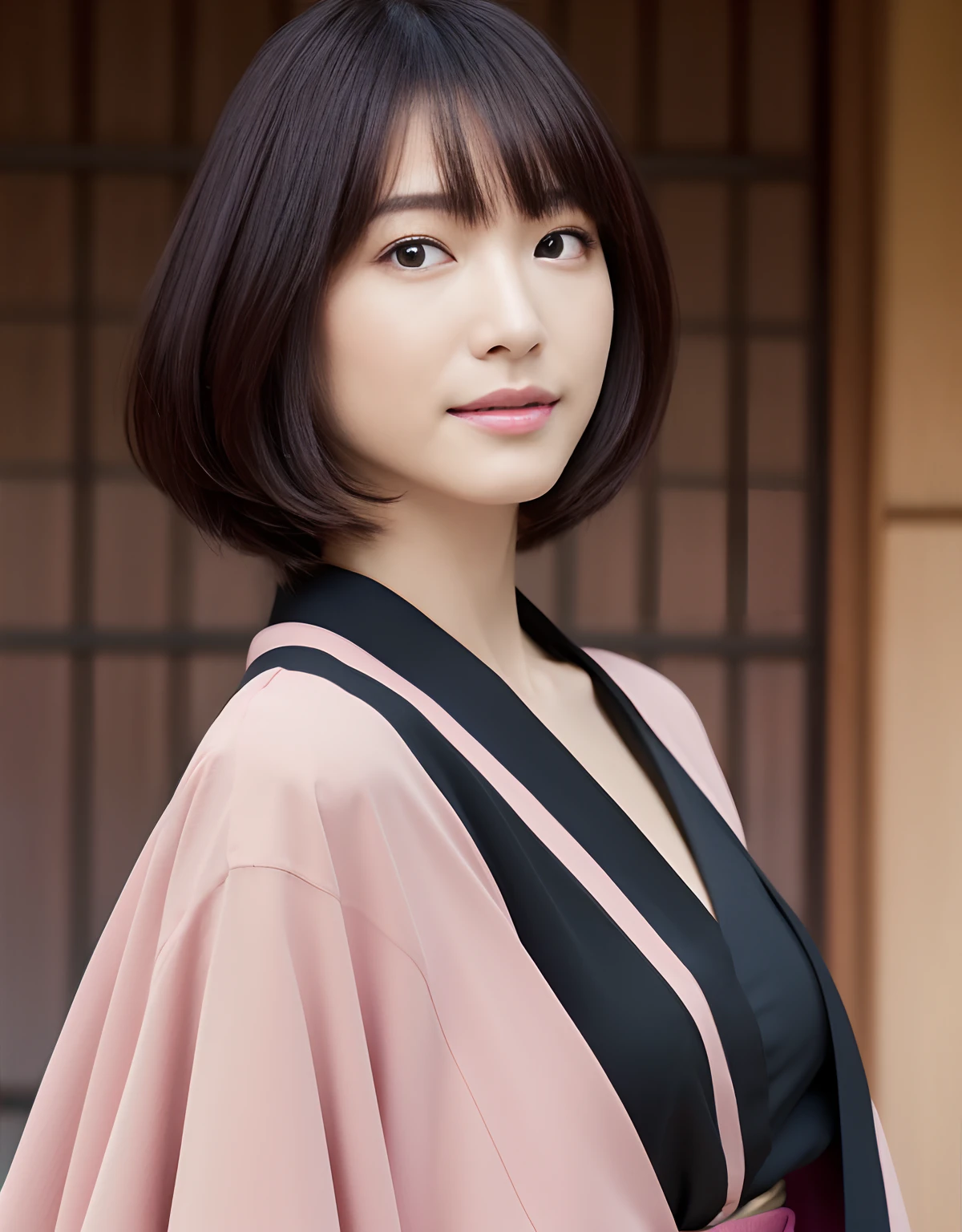 Japan female model with petite features, Light Olive Skin, Dark almond eyes, black bob Haircut, In a pink kimono. (8K, Best Quality : 1.2), (masutepiece, Photorealistic : 1.3), Super Detail, Anatomically correct