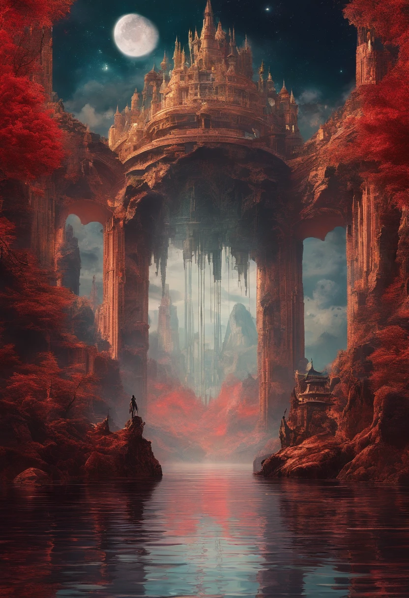 (Masterpiece)),((Best quality)),((High- sharpness)),((Realistic,))In a red dream, (Background with:Deep in space),(Biomechanical moving castle),There are complex cities,the street,(salama:1.2),(Spotted creek beast:1.2)Mysterious outer space, Floating mountains, avatar landscape, Water channels, (Hallelujah Hanging Mountain:1.2), (Giant castle floating in the air: 1.5), (Reflection), (Bizarre and fascinating plants from outer space), Floating islands, , Movie dystopia, Epic matte painting, Dutch Golden Age painting, Fuji colors, Shining, Blurry, fading border, partial underwater shot, 8K,floating platforms, Surrounded by wonderful scenery, Angel falling from the sky with devil wings