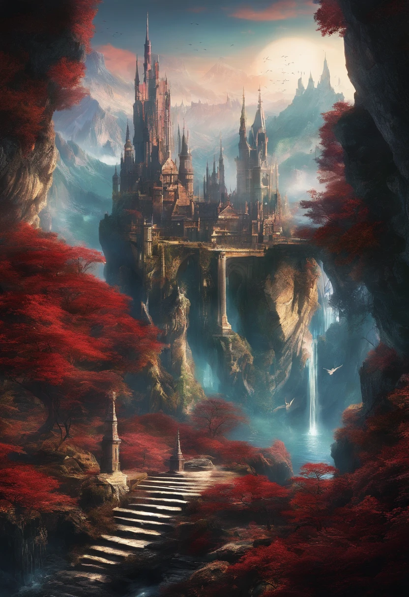 (Masterpiece)),((Best quality)),((High- sharpness)),((Realistic,))In a red dream, (Background with:Deep in space),(Biomechanical moving castle),There are complex cities,the street,(salama:1.2),(Spotted creek beast:1.2)Mysterious outer space, Floating mountains, avatar landscape, Water channels, (Hallelujah Hanging Mountain:1.2), (Giant castle floating in the air: 1.5), (Reflection), (Bizarre and fascinating plants from outer space), Floating islands, , Movie dystopia, Epic matte painting, Dutch Golden Age painting, Fuji colors, Shining, Blurry, fading border, partial underwater shot, 8K,floating platforms, Surrounded by wonderful scenery, Angel falling from the sky with devil wings