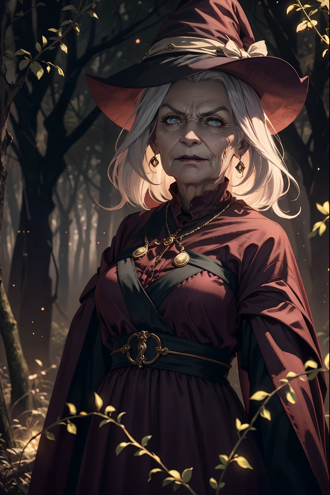 (8k, top quality, masterpiece: 1.4), ultra detail, super resolution, a stunning digital illustration of an old witch she lives deep in the forest preying on innocent souls, she has long straight white hair, evil purple eyes, old wrinkly skin texture, (old woman), her evil features scare the viewer, her presence is ominous, bokeh, eerie light particles, magic glow, nightshade and vines